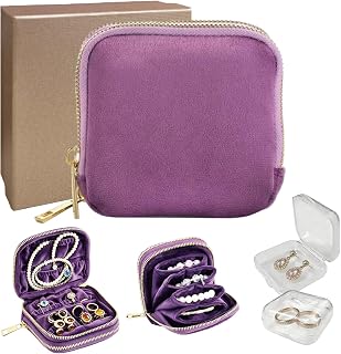 Soubeoii Small Travel Jewelry Case with Earring Box Mini Jewelry Case | Double-Layer Velvet Travel Jewelry Organizer Pouch with 7 grids & 4 Pockets, for Necklace Bracelet, Gifts for Women, Purple