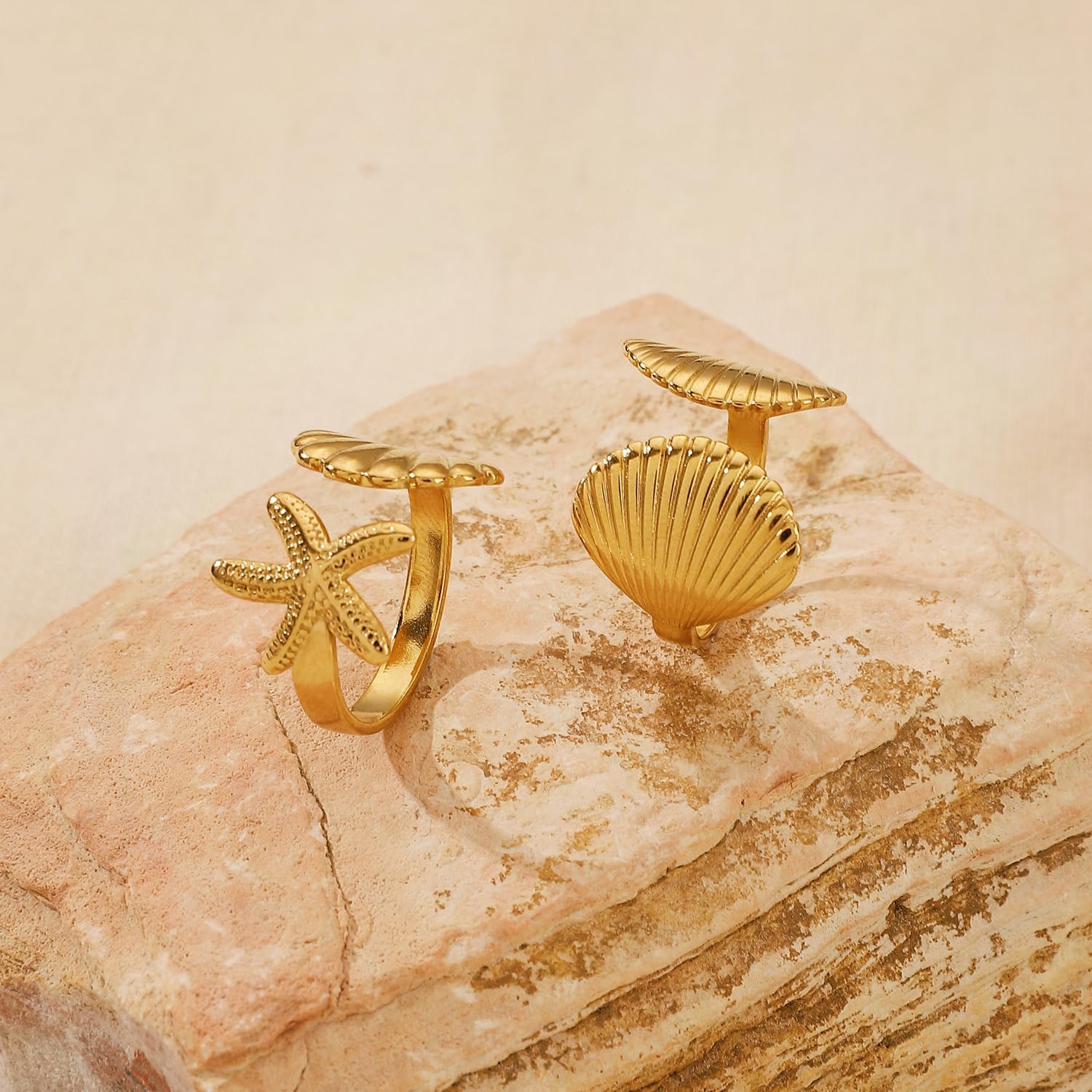 Gold Chunky Seashell Starfish Wave Stackable Adjustable Rings for Women Non Tarnish 18K Gold Plated Stainless Steel Open Knuckle Thumb Ring Set Summer Beach Jewelry Gift for Vacation - Image 6