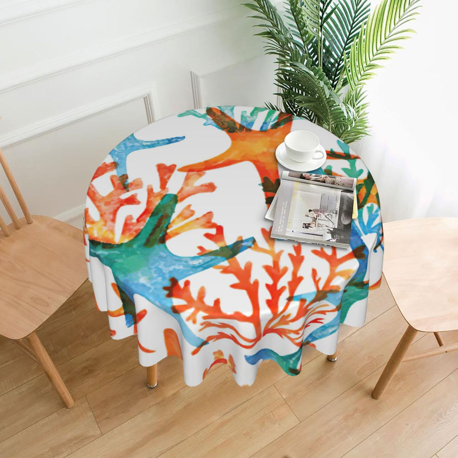 Uusnwaa Marine Starfish Coral Print Round Tablecloth 60 Inch, Stain Wrinkle Resistant Washable Polyester Table Cover For Kitchen Party