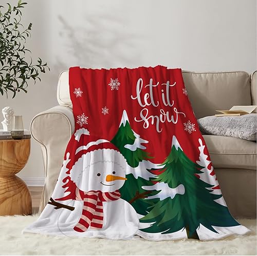 YeeJu Manta de Navidad roja con árbol de Navidad, muñeco de nieve para sofá, cama, suave, ligera, mullida, manta decorativa de invierno de 50 x 60