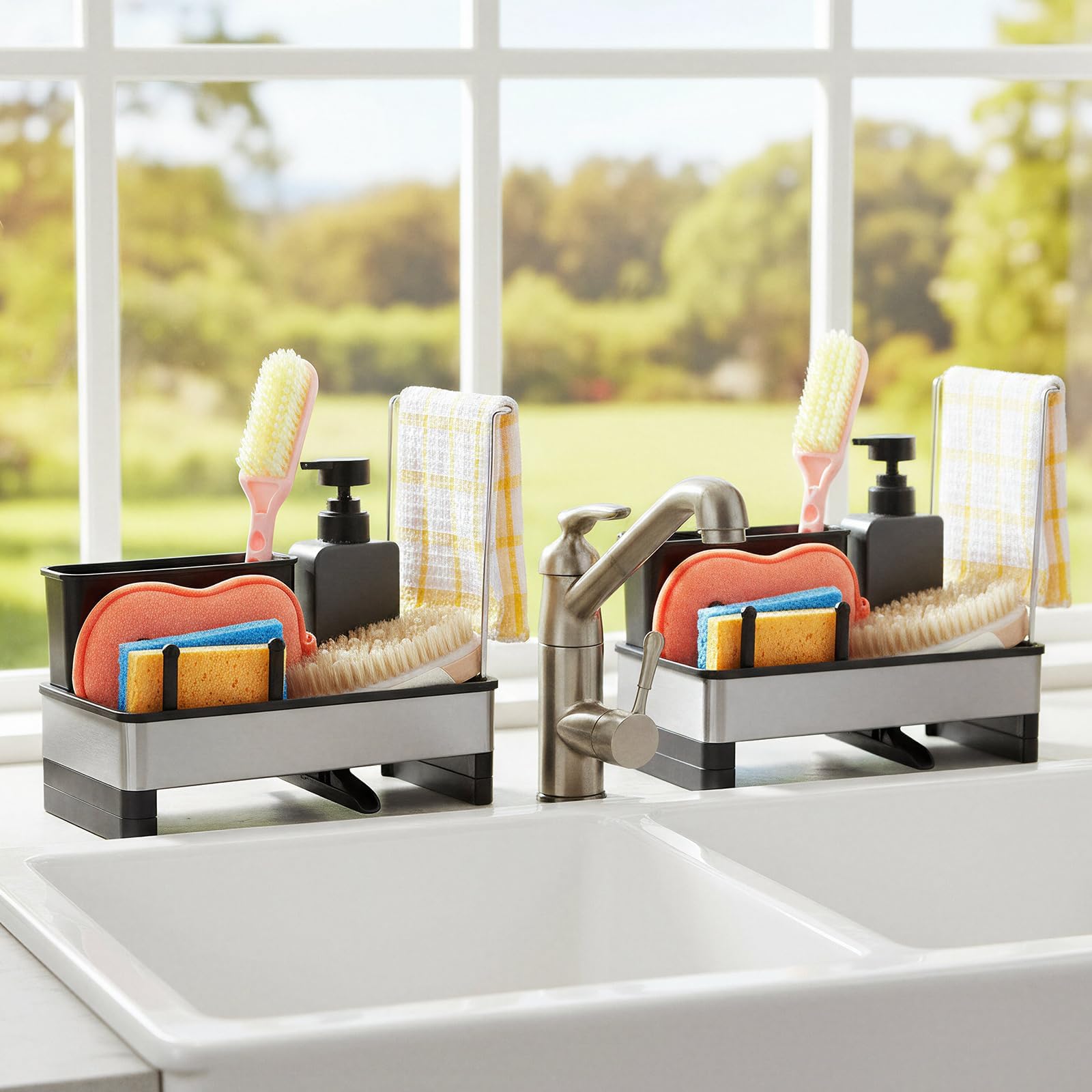 2 Pack Stainless Steel Sink Caddy, Rustproof Sponge Holder with Auto-Drain, Removable Brush and Towel Holders, Dishcloth Rack Kitchen Sink Organizer for Countertop