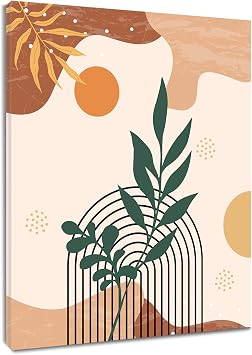 MEECI Boho Minimalist Wall Art Mid Century Modern Plant Green and Gold Leaf Botanical Canvas Wall Art Abstract Painting Art Home Decor For Bathroom Living Room Bedroom Framed Ready To Hang, 12x16 Inch