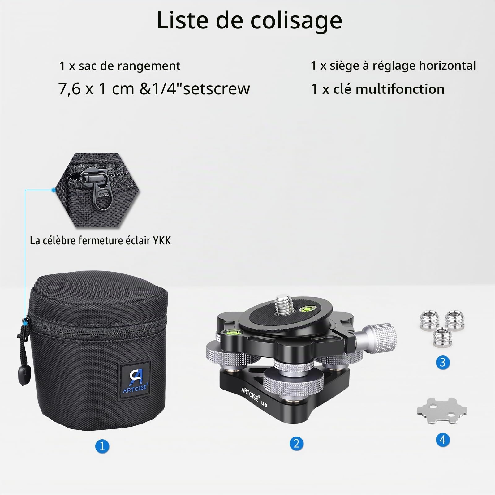 Base de nivellement à Trois Pieds de diamètre ∅85 mm, tête de nivellement avec Inclinaison -15°/15°, avec 3 Niveaux à Bulle et 3 Roues, réglage de précision -5°/5°, Charge maximale 15 kg