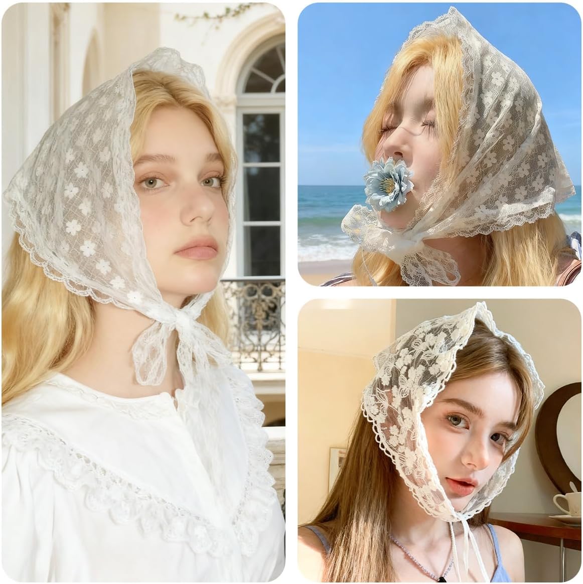 4 PCS Floral Hair Bandanas White Lace Headband Cute Head Scarf Headband Lightweight Triangular Heads Scarf Stylish Head Kerchief for Women Girls Accessories