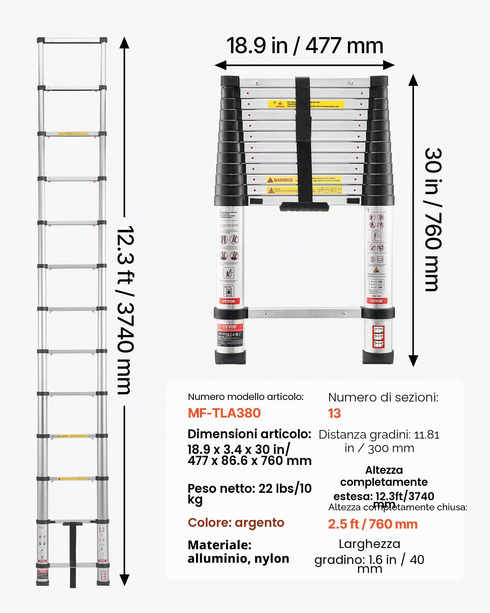 VEVOR Scala Telescopica da 3,8 m, Scala Estensibile Pieghevole Multiuso in Alluminio, Capacità Carico max. di 150 kg con Piedini Antiscivolo, per Casa, Lavori all'Aperto, Soffitta