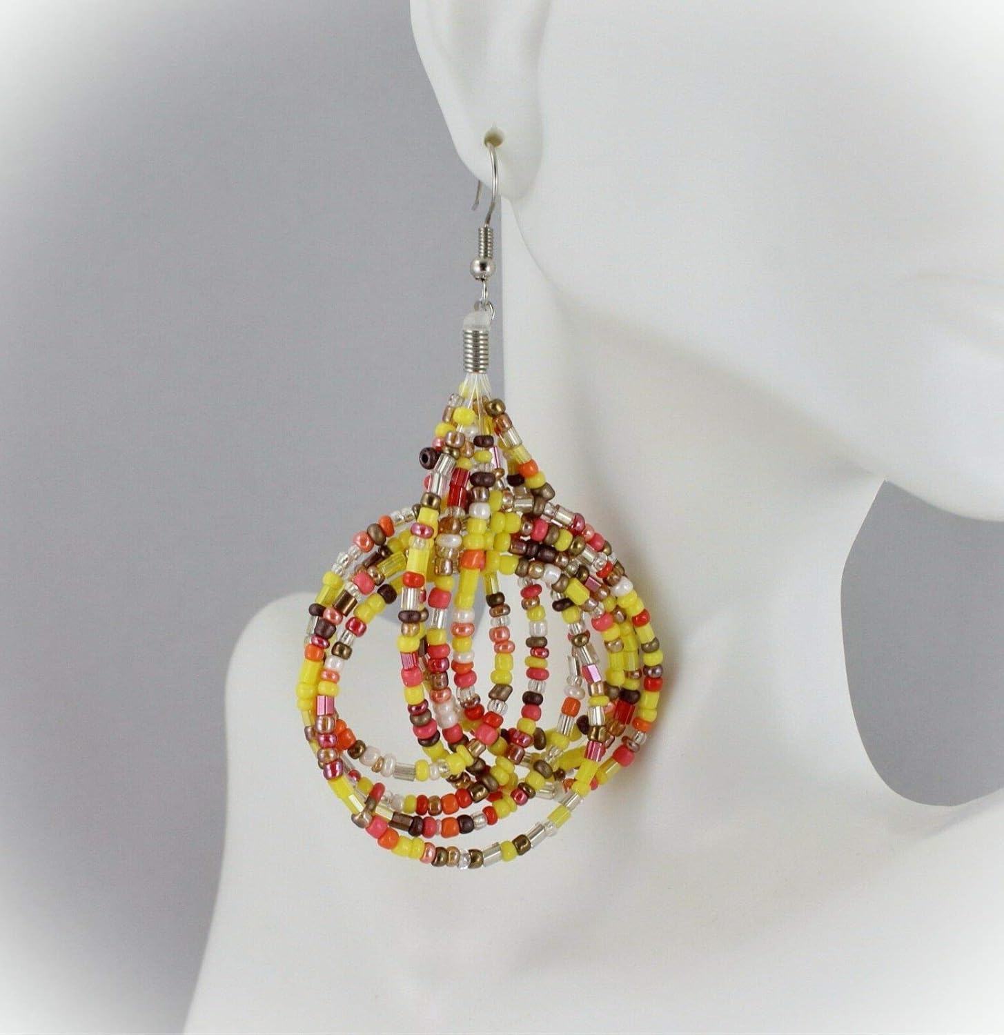 Yellow Coral Brown Seed Bead Knot Knotted Dangle Earrings For Women Set 3" Long