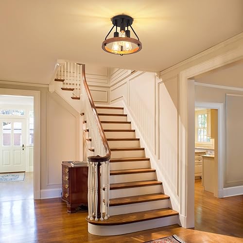 Miniatura 8 de Moderna lámpara de techo semiempotrada de madera de granja, accesorios de luz de entrada de pasillo, lámpara de techo industrial rústica de 3 luces