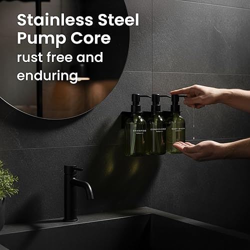 Miniatura 7 de MaisoNovo Dispensador de champú y acondicionador, dispensador de jabón de ducha montado en la pared, juego de 3 botellas de plástico verde de 16.9