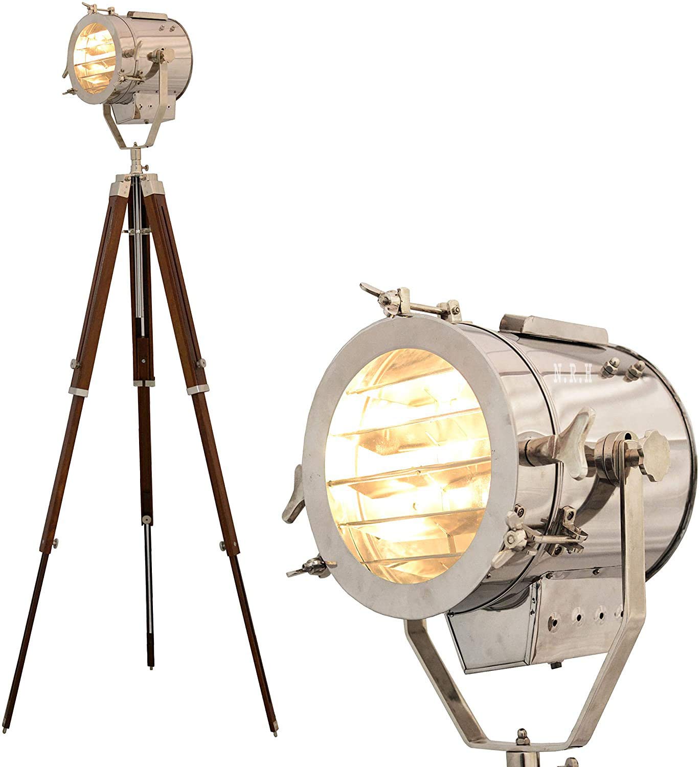 Nautical Replica Hub Spotlight Tripod Floor Lamp Bedroom, Study Room and Office, Modern Design, Wooden Tripod Lamp Stand Spotlight Home Decor
