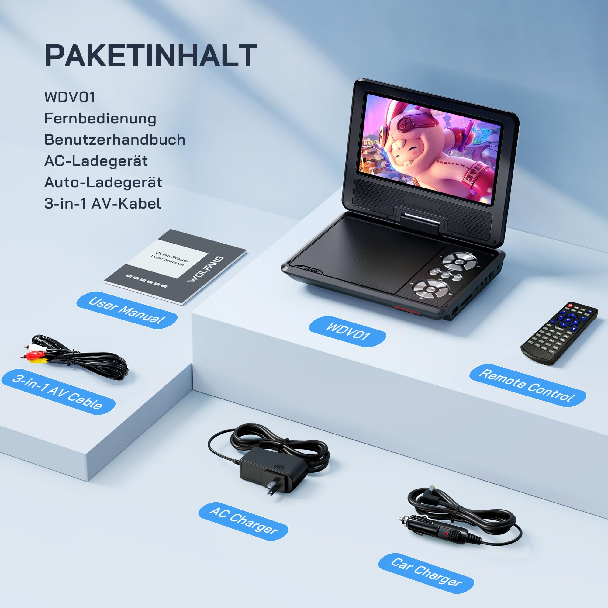 WOLFANG 9,5 Zoll Aufladbarer Tragbarer DVD-Player für Kinder im Auto, 7,5 Zoll HD Drehbildschirm, 6 Stunden Spielzeit, Sync TV/USB/SD, Keine Blu-ray-Unterstützung (Schwarz)