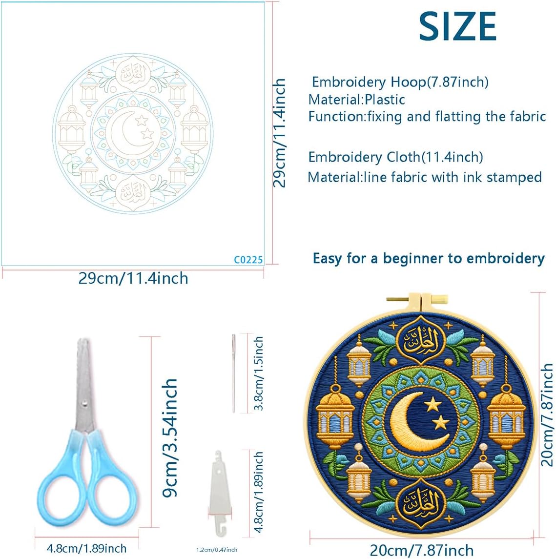 Zhenqing Ramadan Embroidery Kit for Beginners, Pre-Printed 29x29cm Circular Cotton Fabric with 20cm Hoop, Islamic Art Design with Crescent and Lanterns (C0225) image 4