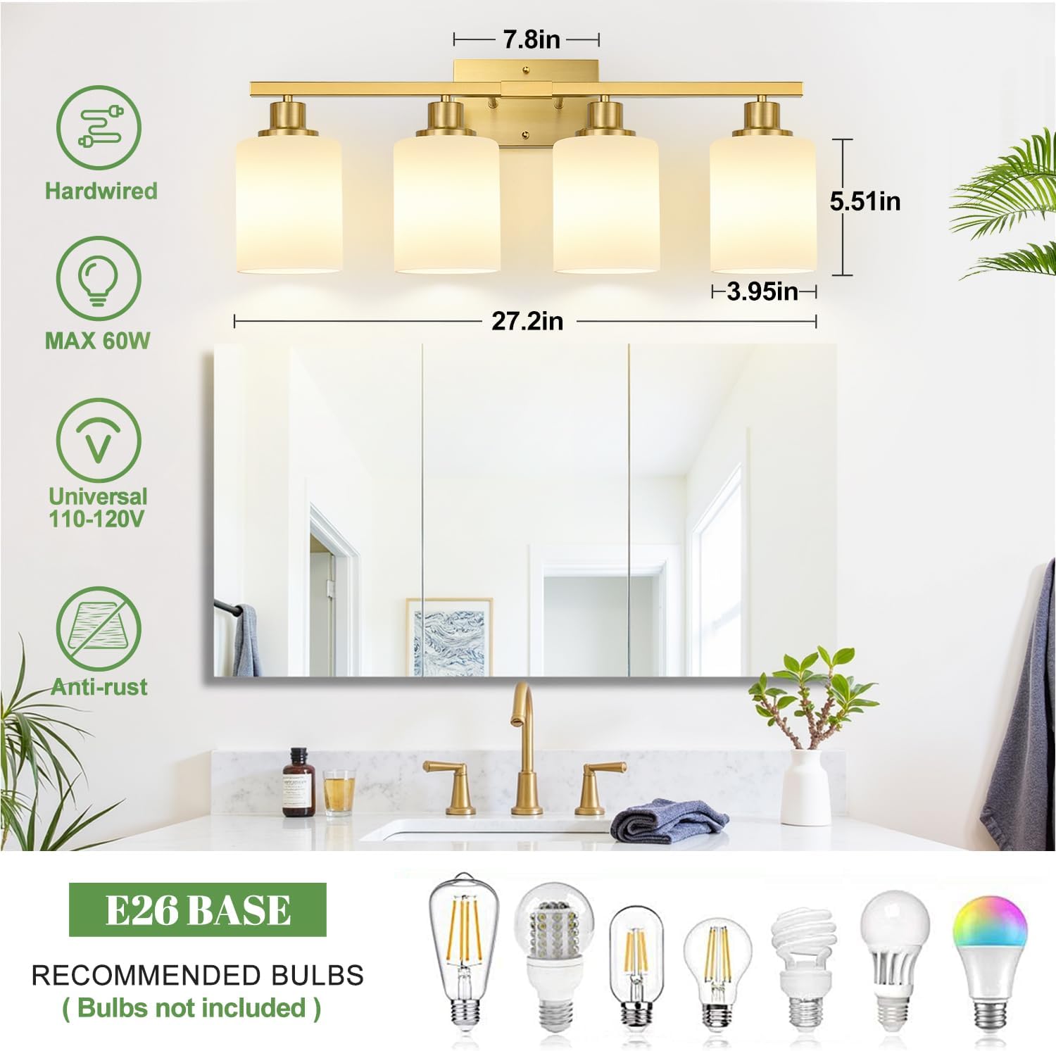 4-Light Bathroom Light Fixtures, Brushed Gold Vanity Light with Milky White Shades, Bathroom Lighting Fixtures Over Mirror, Modern Bathroom Wall Lamp for Mirror Living Room Cabinet Bedroom