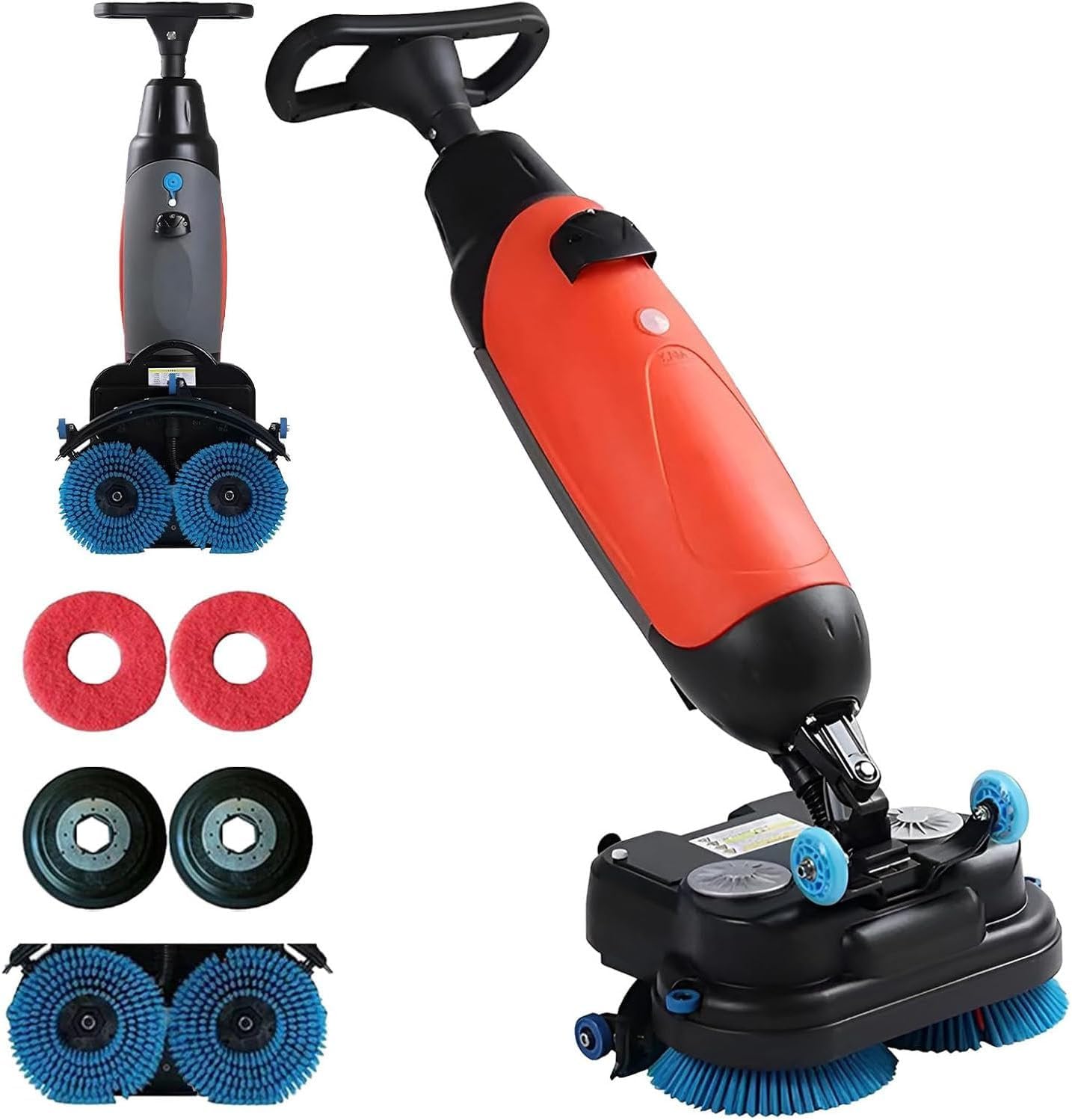17" Walk-Behind Commercial Floor Scrubber Buffer Polisher Machine, Dual Brushes, 12900 Sqft/H, Cordless Rechargeable Lithium Battery, Lightweight Red