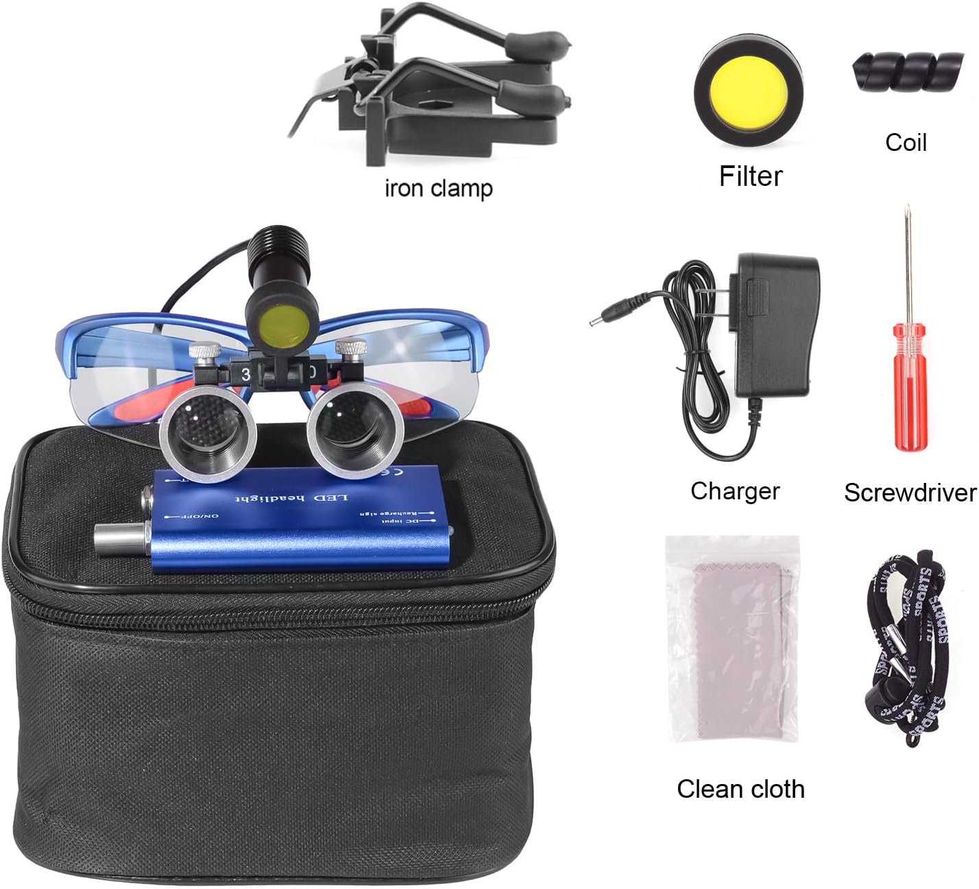 EustomA 3.5X Binocular Loupes Magnifier with 5W LED Clip on Headlight Optical Glass Headlamp with Two Clips Adjustable Cloth Bag DY-409-3.5X (Blue)