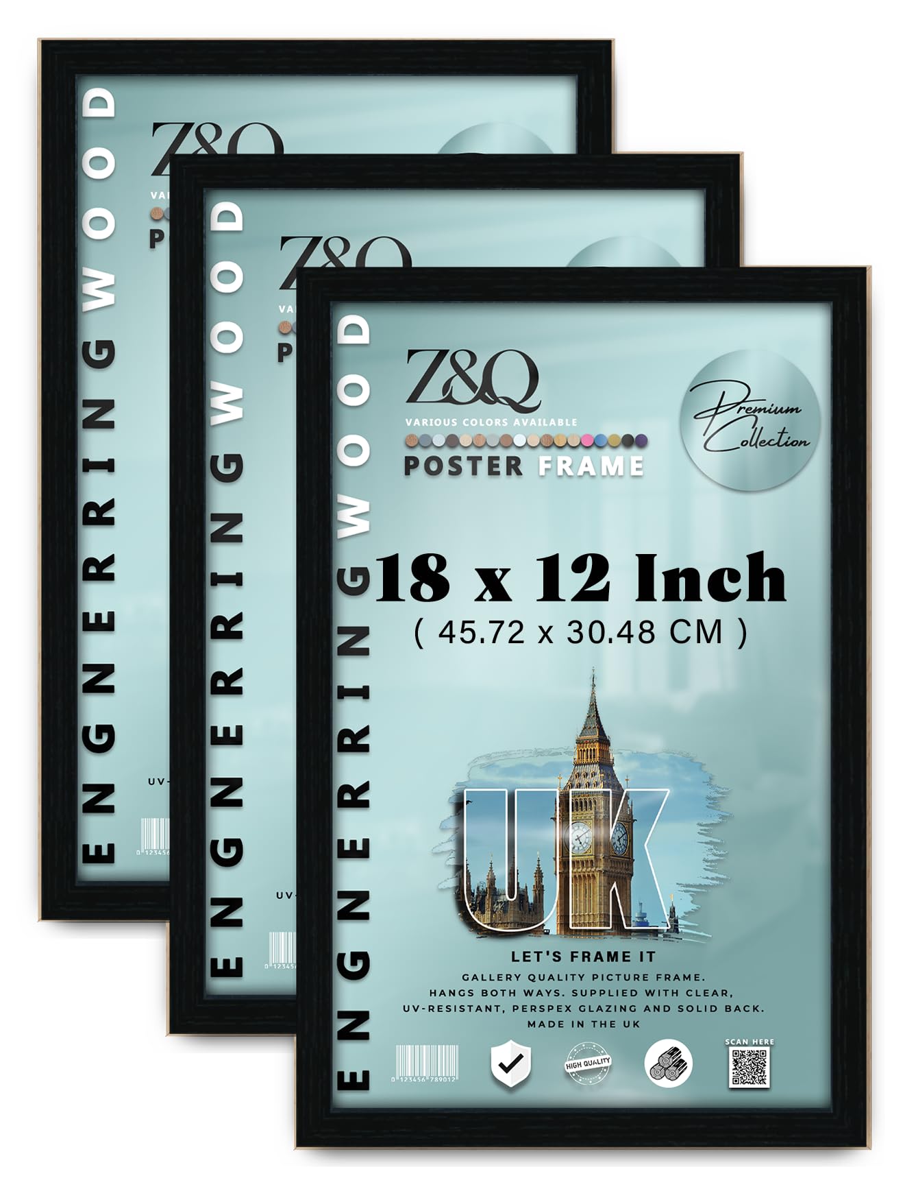 Z&Q pack of 3 Decorative MDF Certificate Frame (45.72 x 30.48 CM) Rich Wood Finish, Sturdy Wall Mount 18x12 Inch Office Document Display, 457.2 x 304.8 mm [ Black ]