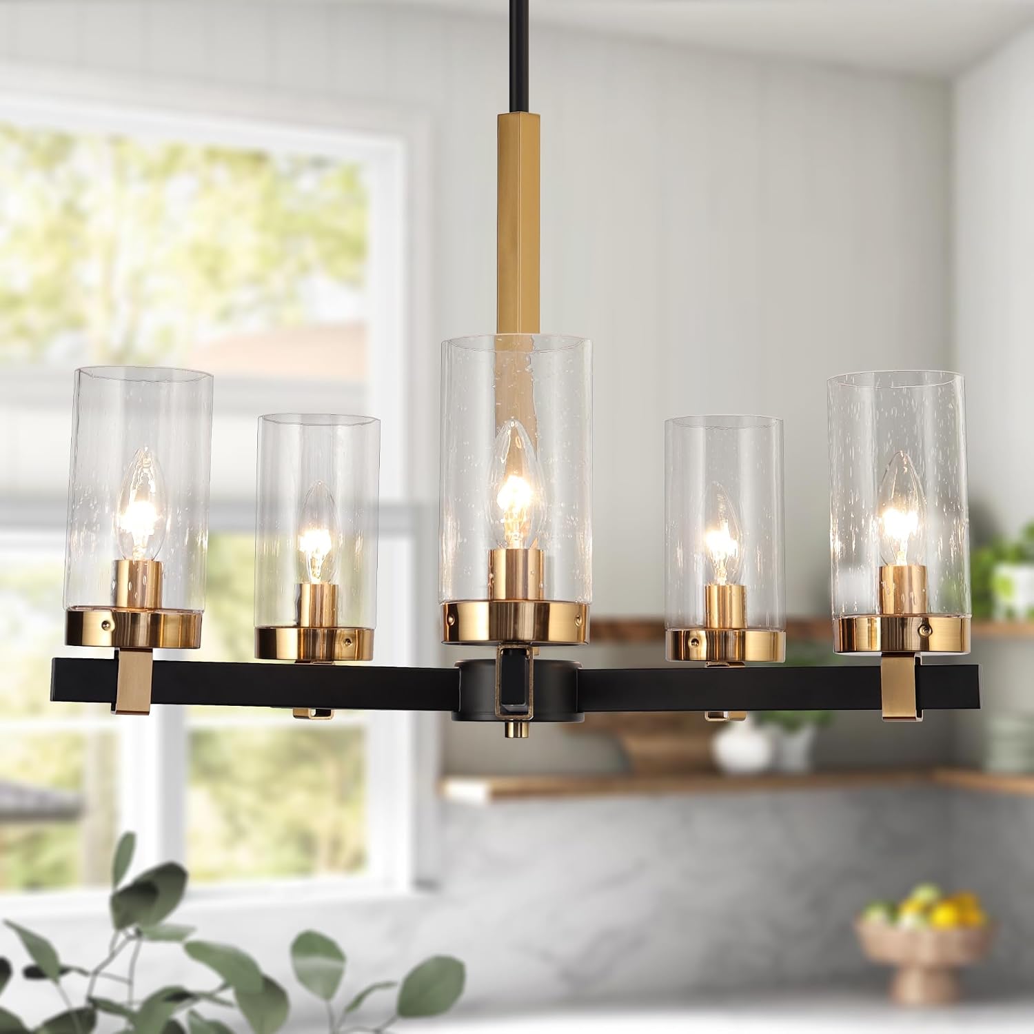 KSANA Black Gold Chandelier, Mid Century Modern 5-Light Chandelier Light Fixture with Seeded Glass Shade and Electroplated Brass Accents for Dining Room, Kitchen and Living Room