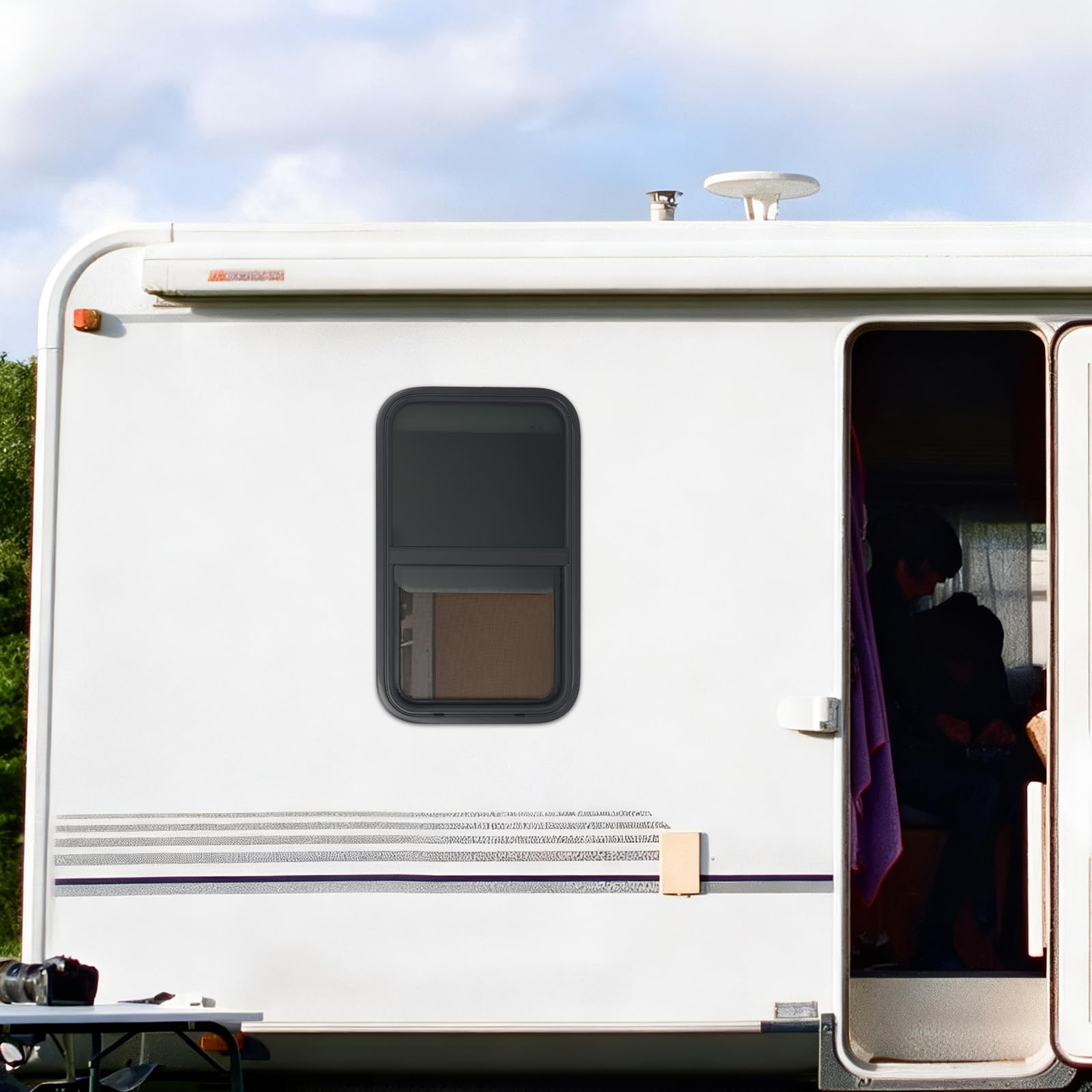 Finestra scorrevole verticale per camper, camper, camion e rimorchi, telaio in alluminio e vetro temperato, con protezione dagli insetti, impermeabile, UV e silenzioso, facile da montare, nero (450 x