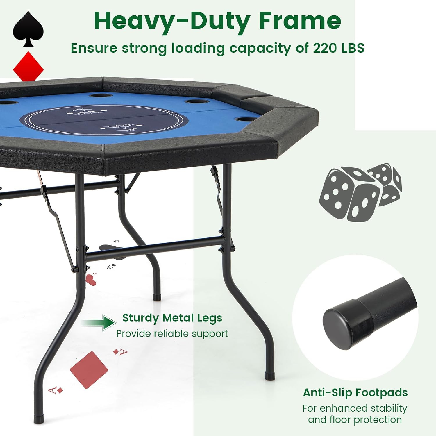 GOFLAME 48” Foldable Poker 8 Players, Blackjack Texas Hold’em with Padded Rails, Cup Holders, Folding Legs, Octagon Poker Card Board Game Table for Family Game Casino, Blue+Black
