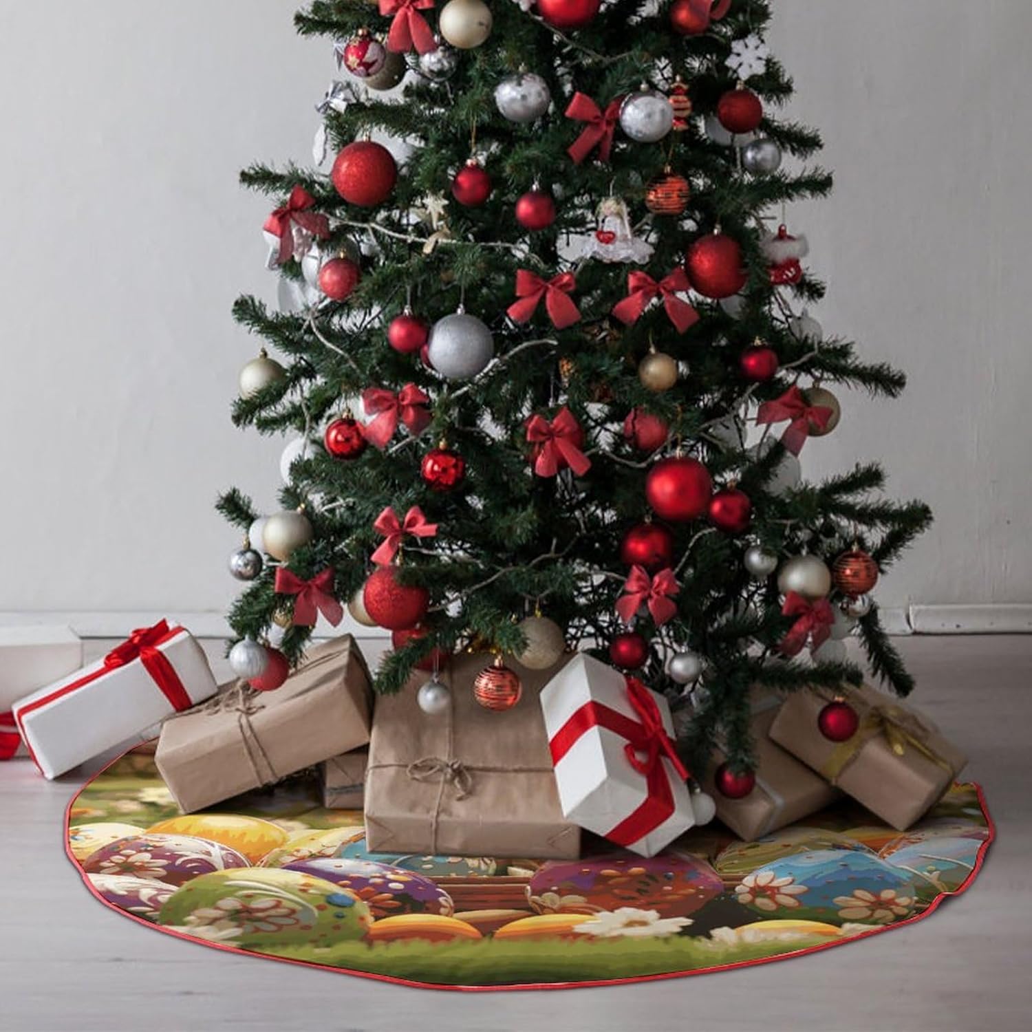 Christmas Tree Skirt,for Xmas Tree Holiday Party Decorations Easter Colorful Eggs Printed Christmas Tree Mat Red Lace-up Christmas Tree Dress
