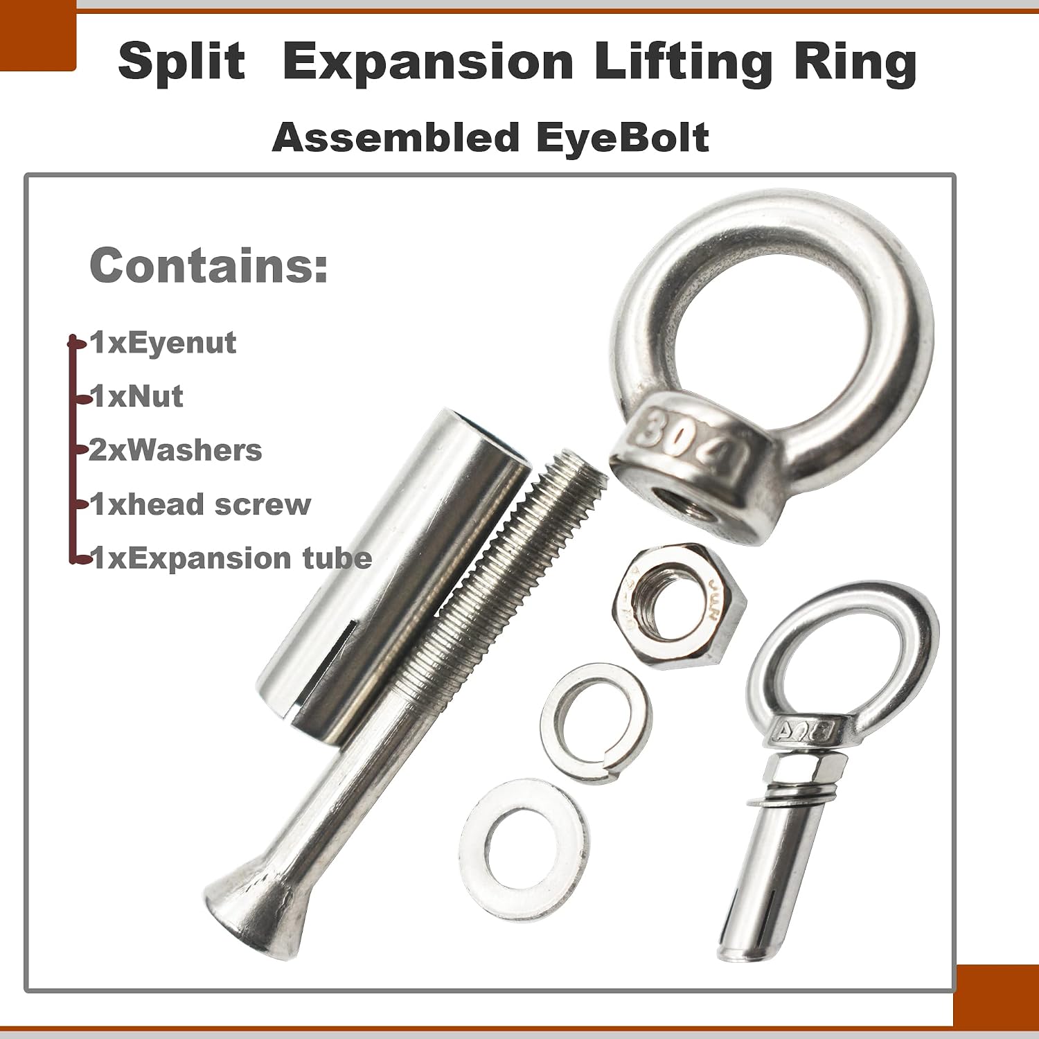 M10 Stainless Expansion Eyebolt 4"(100mm) Long Threaded Screw Ring Lifting Shoulder Hook with Nut Washer Locking as Anchor Point for Cement Block Wall 330LB~550LB,6 Pcs M10X100mm
