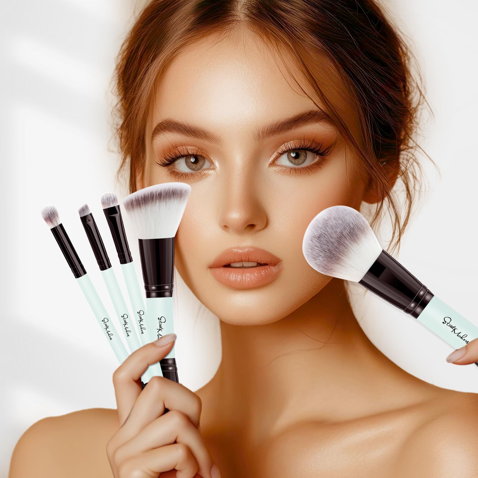 START MAKERS Make-up-Pinsel-Set, 5-teilig, doppelendig, Foundation, Konturen, Concealer, Rouge, Puder, Bronzer, Lidschatten, Pinsel für Flüssigkeit, Creme, Puder, Mischen, Polieren, Tupfen von Gesicht