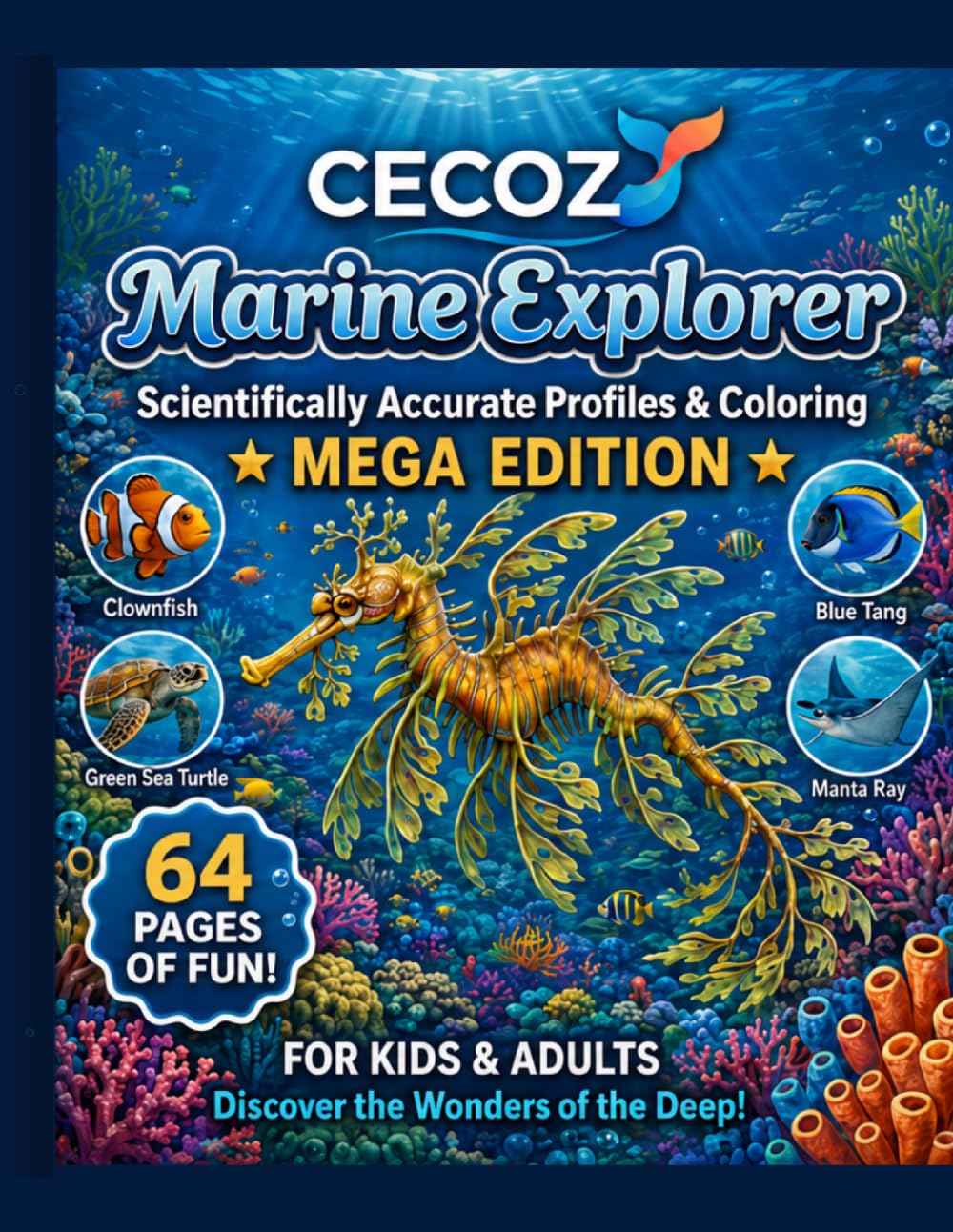 CECOZ Marine Explorer - Mega Edition: 64 Reef Treasures: Educational Marine Biology Coloring Book with Real Photographs, Scientific Data Cards & Detailed Coloring Pages