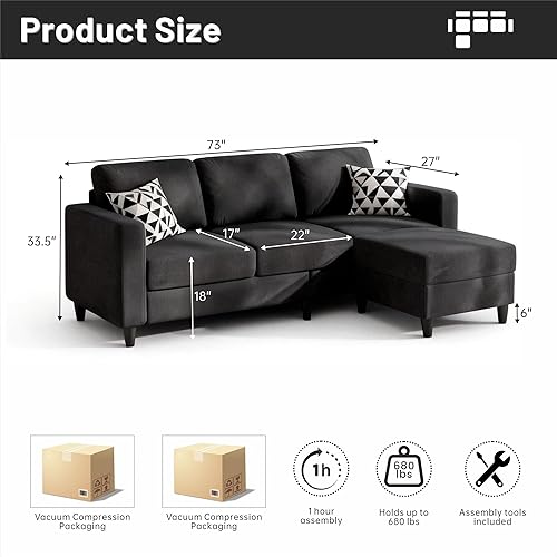 Miniatura 2 de Sofá modular pequeño de 73 pulgadas con diván reversible, sofá de tela de lino en forma de L con marco de roble macizo y hierro, cojín de asiento