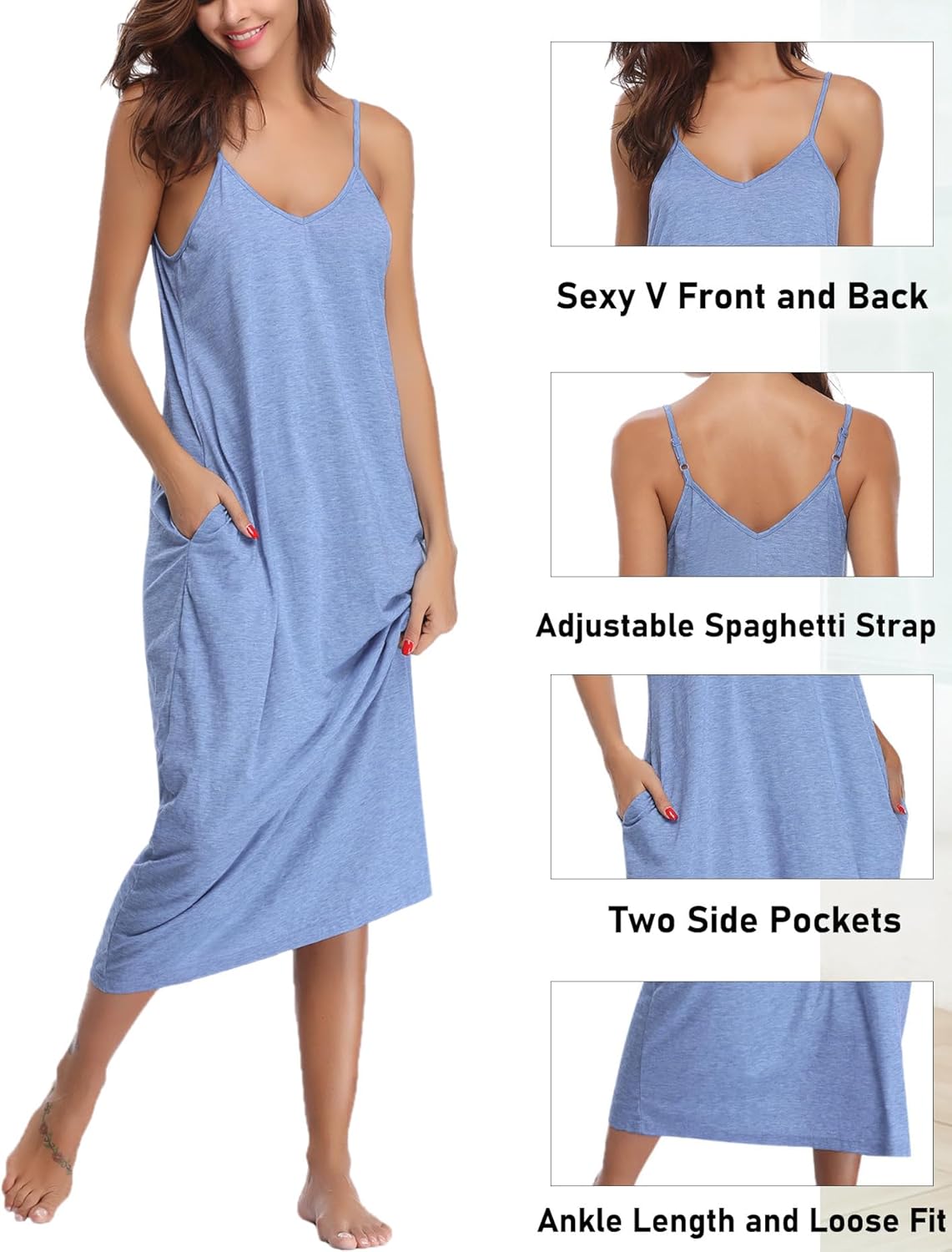 Marvmys Womens Cotton Long Nightgowns Spaghetti Strap V Neck Full Slip Sleep Shirts with Pockets - Image 4