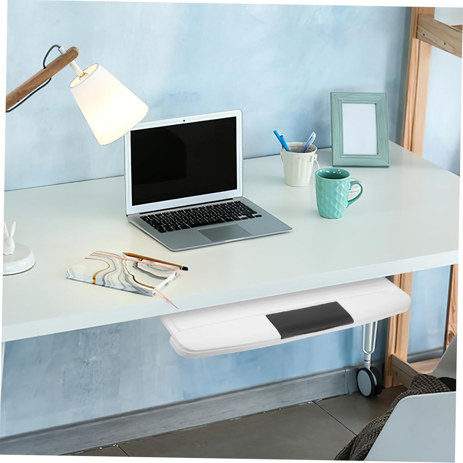 TEHAUX Under Desk Keyboard Drawer Slide Out Keyboard Holder Office Organizer Tray Mouse Pad Pp Material White