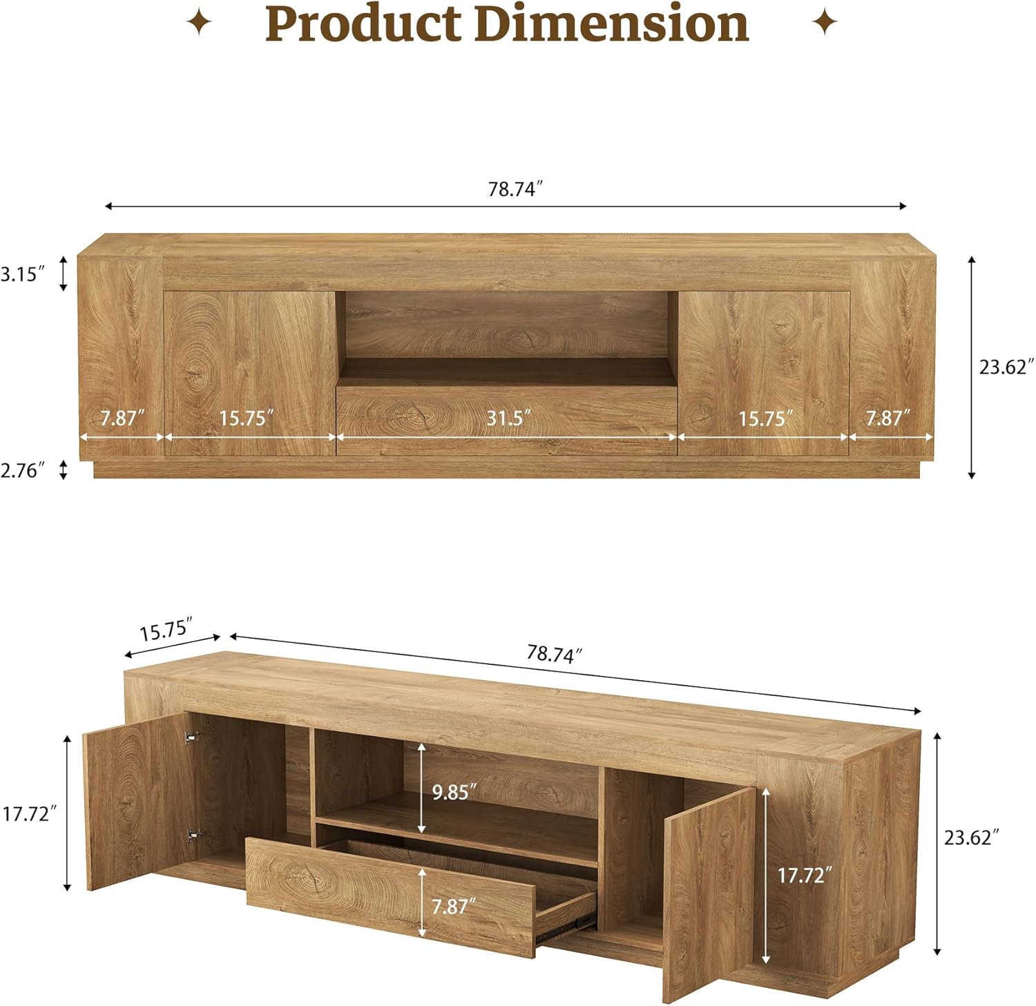 Epecoya Oak TV Stands for Living Room 78.7-Inch, Wooden Entertainment Center with 2 Cabinets & Drawer, Farmhouse TV Console with Storage for TVs Up to 80", Natural Oak Brown