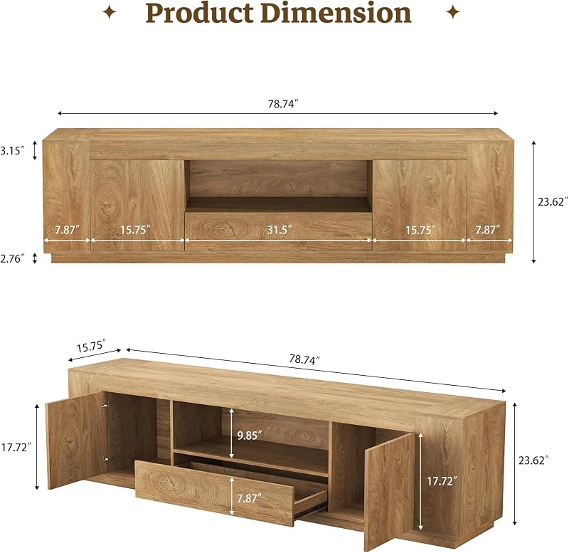 Epecoya Farmhouse TV Stands for Living Room 78.7-Inch, Natural Oak Brown image 2