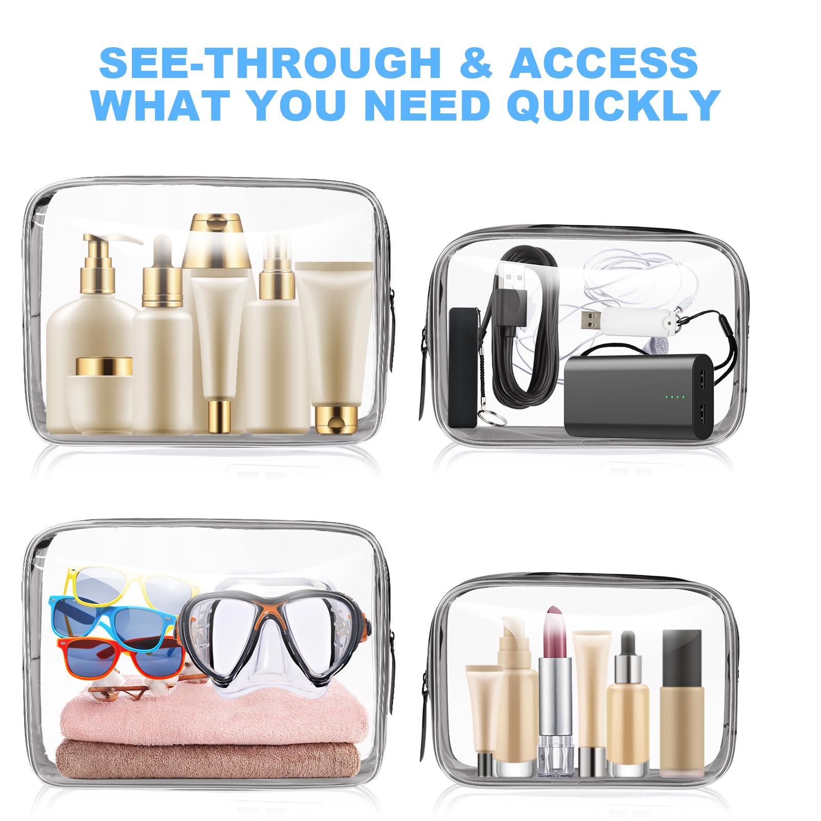 OSDUE 2 Pcs Borse da Valigia Trasparente, Sacche Trasparenti da Aereo, Beauty Case Impermeabili, Borse per Cosmetici con Zip, Beauty Case da Borsa Viaggio per Trasporto di Liquidi, Donna/Uomo (L+S)