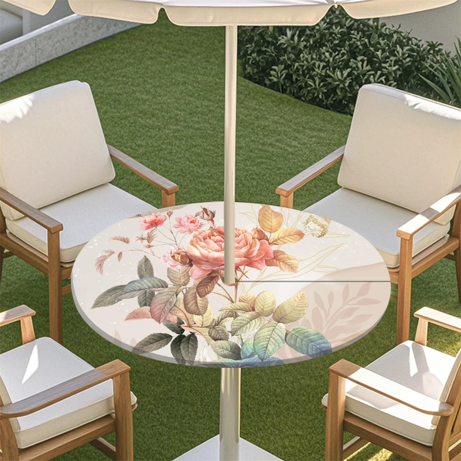 Muiuou Elastic Edge Fitted Round Tablecloth Protector Waterproof Outdoor Circle Tablecloth with Parasol Hole and Zipper, Wipe Clean Table Cover for Garden BBQ Party (Style 4,M(36-44inch))