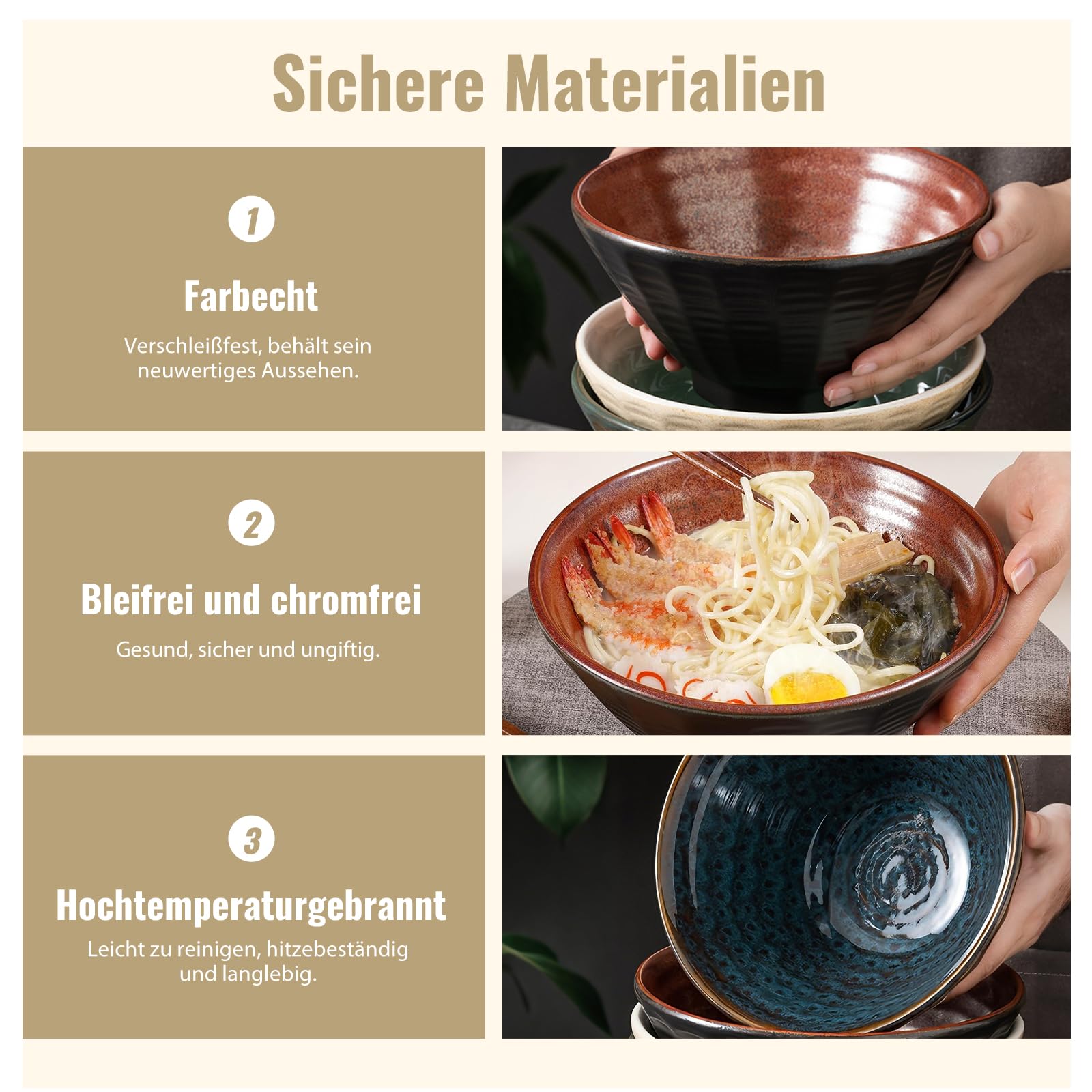 2 x 1600ml Ramen Schüssel Set, Ramen Set aus Keramik mit Essstäbchen, Gabel und Löffeln, Suppenschüssel Spülmaschinenfest Geschirr für Nudeln Suppen Getreide Salate Geschenke (Flammenrot)