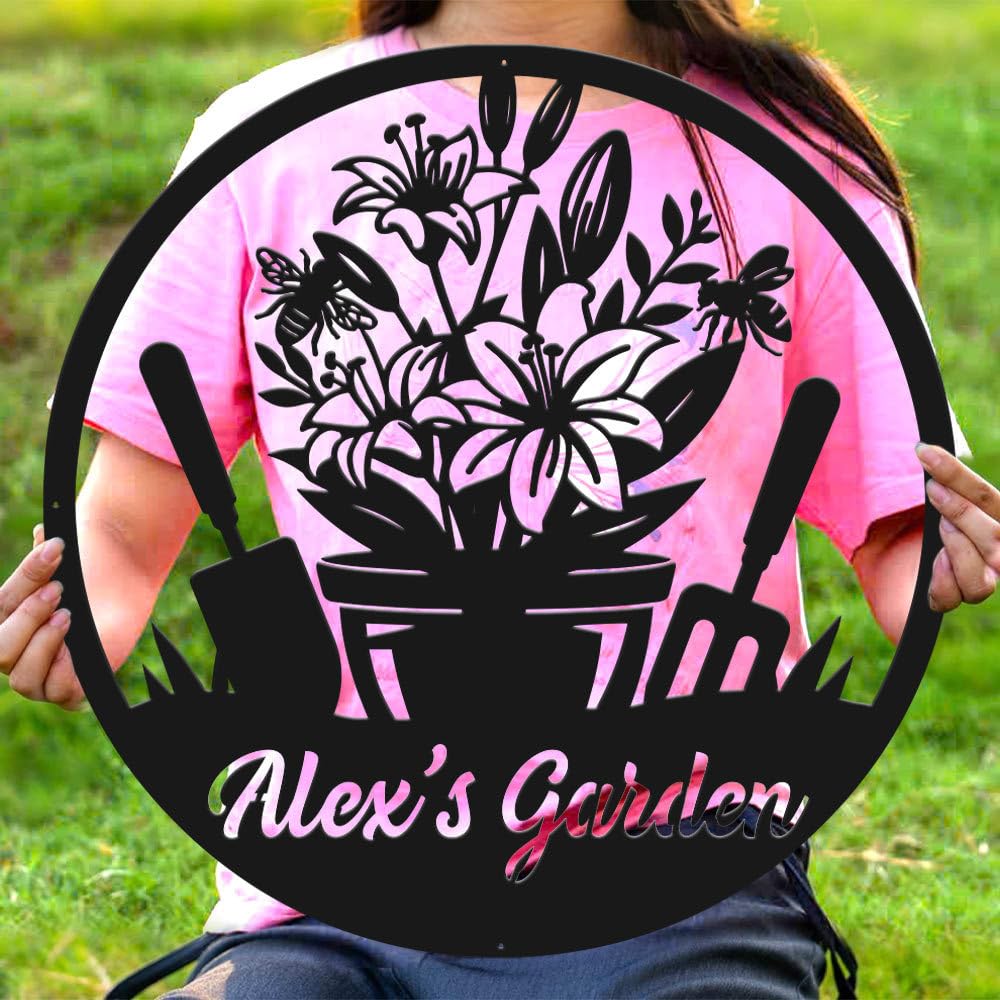 Personalized Metal Garden Signs for Outside, Custom Name Date Wall Decor, Family Home Art Gift for Mom Grandma Sister, Flower Sign Indoor Outdoor