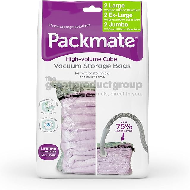Packmate - 6 Mixed Sizes  2 Jumbo + 2 Extra Large + 2 Large Cube Vacuum Storage Bags  Ideal for Storing Winter Clothing, Coats, Jackets, King sized Duvets, Bedding and Much More