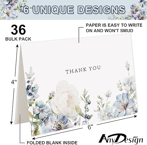 Miniatura 2 de AnyDesign Paquete de 36 tarjetas de agradecimiento florales de acuarela azul polvoriento, tarjetas de felicitación florales con sobres, calcomanías