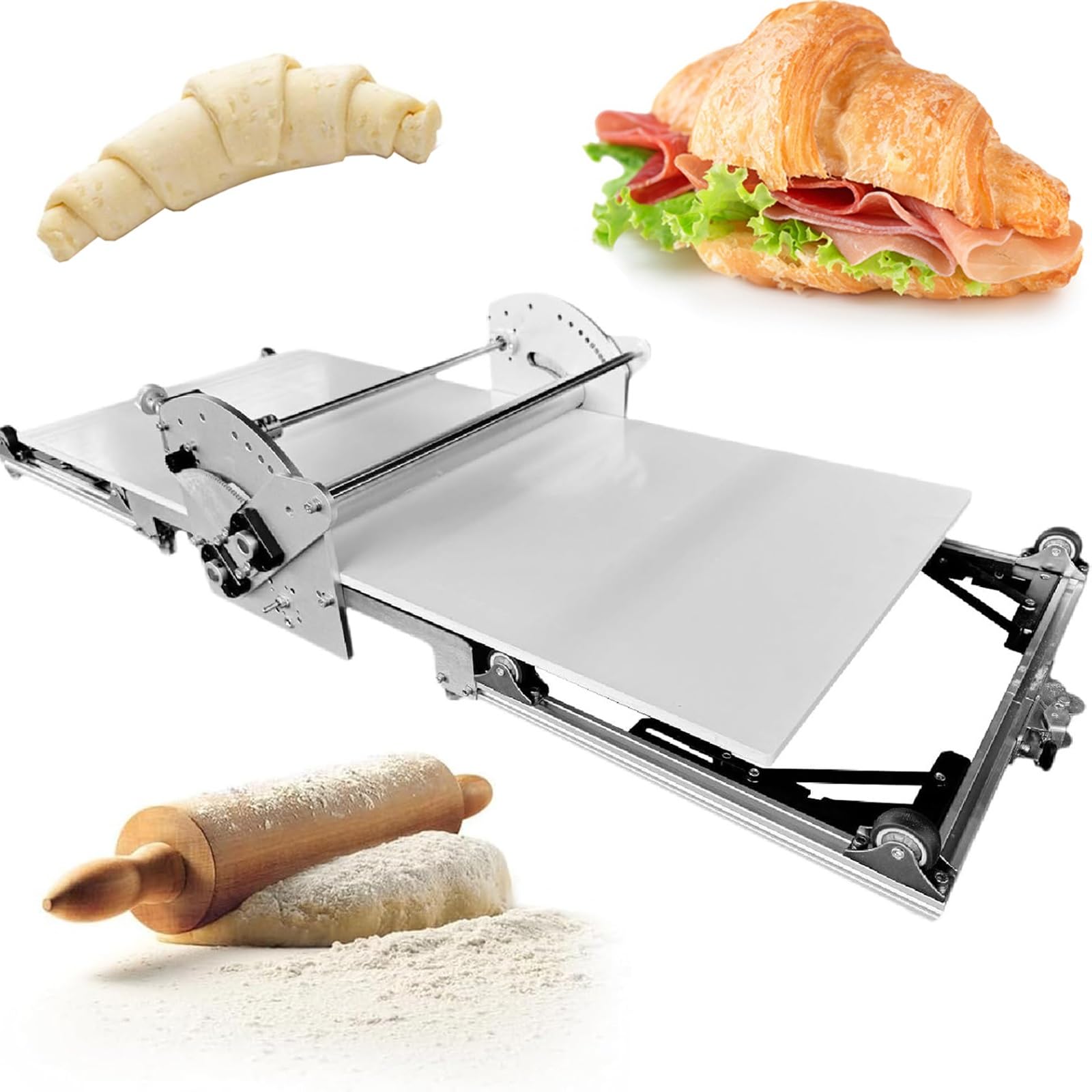 Eiwitany Adjustable Electric Stainless Steel Dough Sheeter, 2-30mm Thickness Foldable Pastry Roller for Bakery, Pizza and Croissant Making