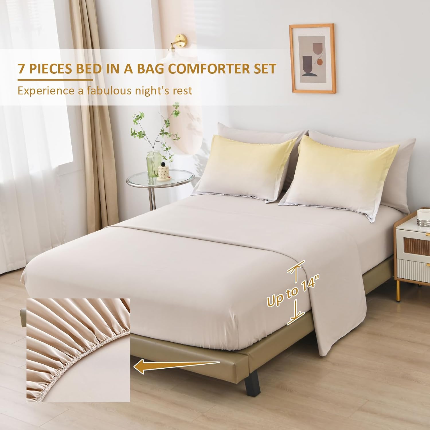 Anibedding 7 Pieces Gradient Yellow Comforter Set - Lightweight Grey and Yellow Ombre Bed in a Bag Set, All Season Down Alternative Light Grey Abstract Bedding Set for Teen Boys Girls Women (90" x90") - Image 6