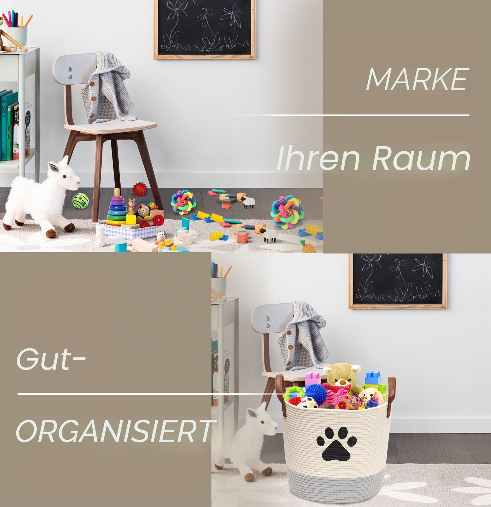 MOREZI Runder Hundespielzeugkorb,aus Baumwollseil,mit Griff, leicht zu bewegen.Geeignet zum Aufbewahren von Haustierbedarf und Haustierspielzeug-Beige Grau