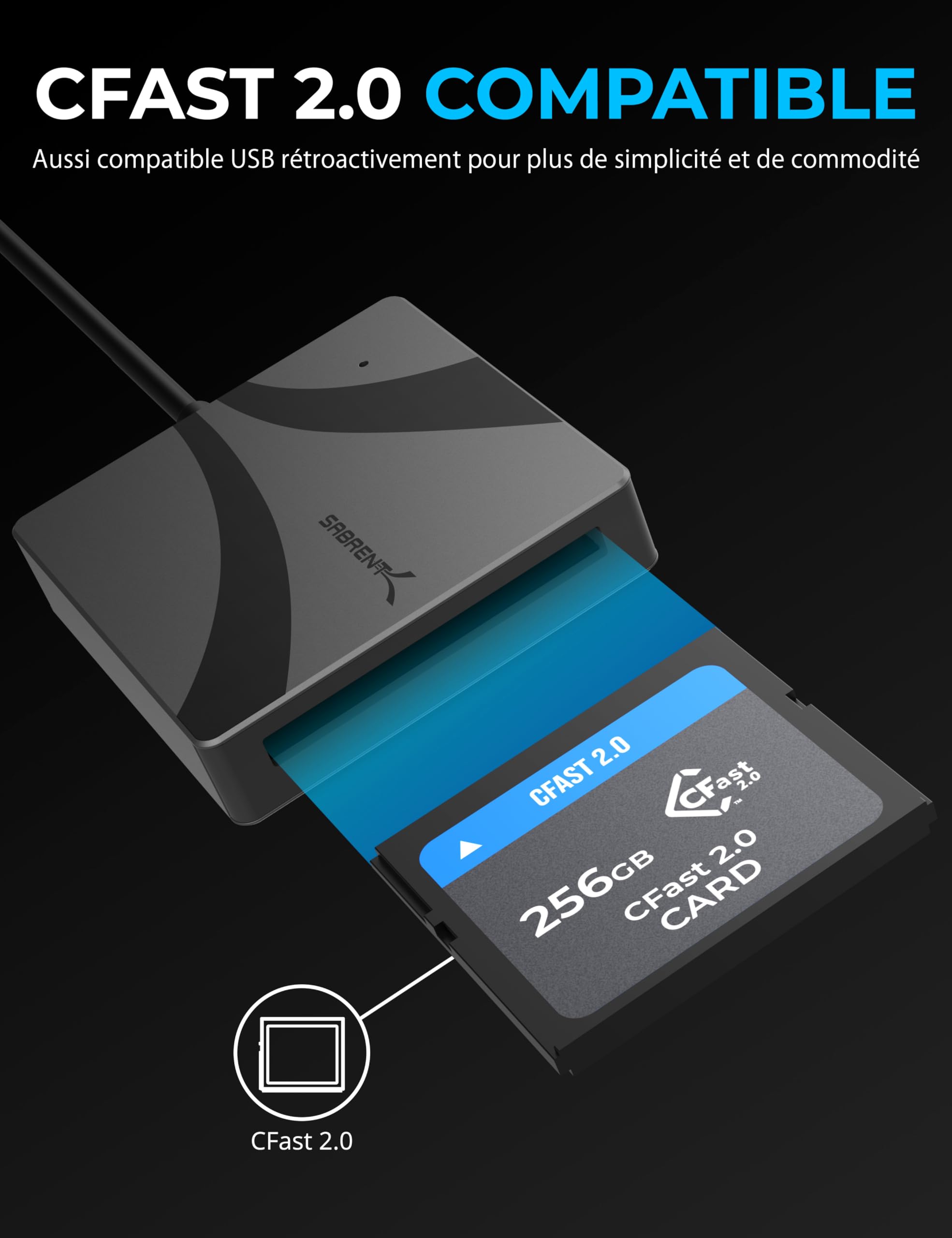 SABRENT Lecteur de Carte mémoire USB Type C vers CFast 3.2, 460MBps Haute Vitesse Lecteur de Carte Externe, C Fast Card Reader pour photographes Professionnels, vidéastes (CR-CF20)