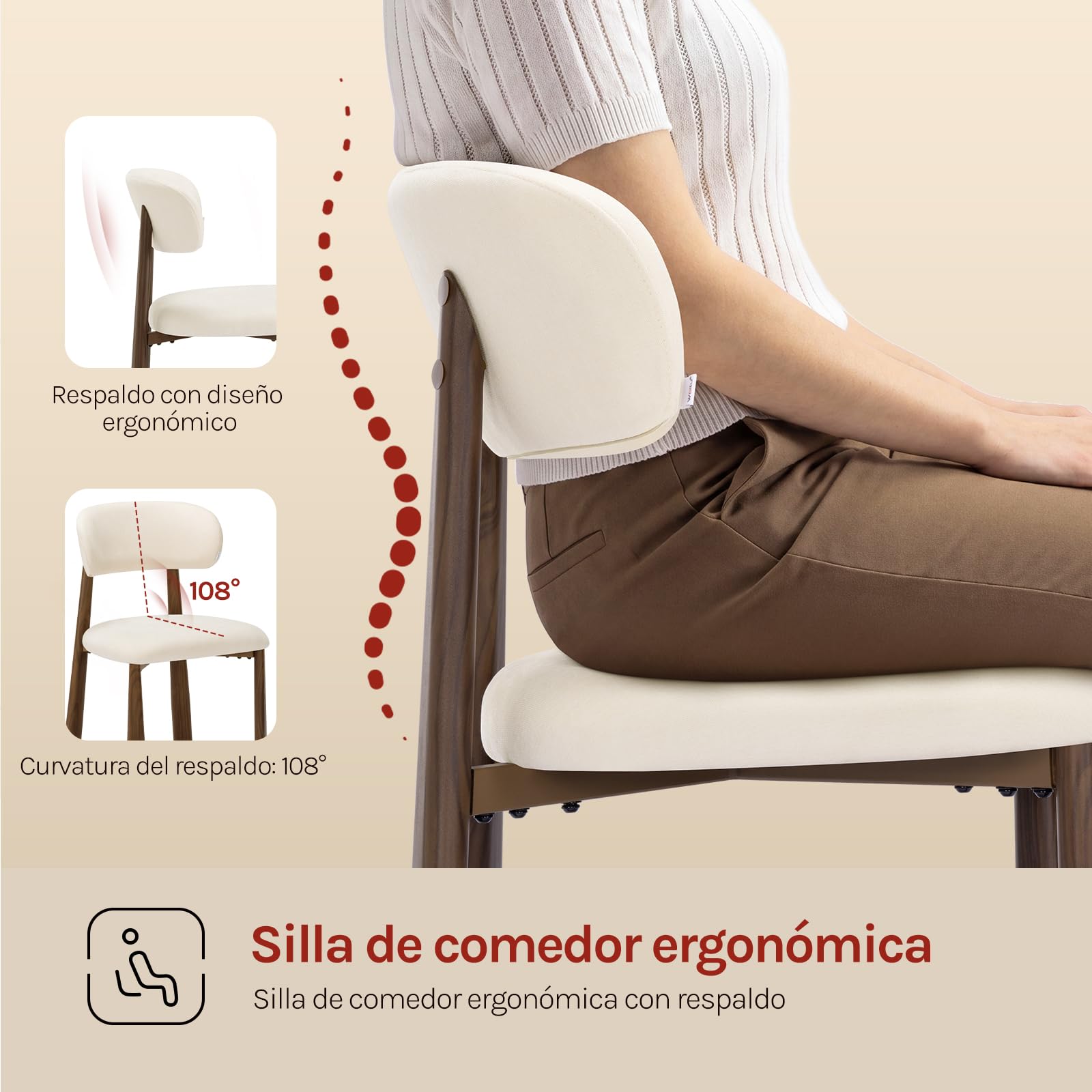 WOLTU Juego de 2 Sillas de Comedor,Chenilla,Crema | Tapizada de Estilo Moderno, Patas Metálicas Imitación Madera para Comedor y Cocina