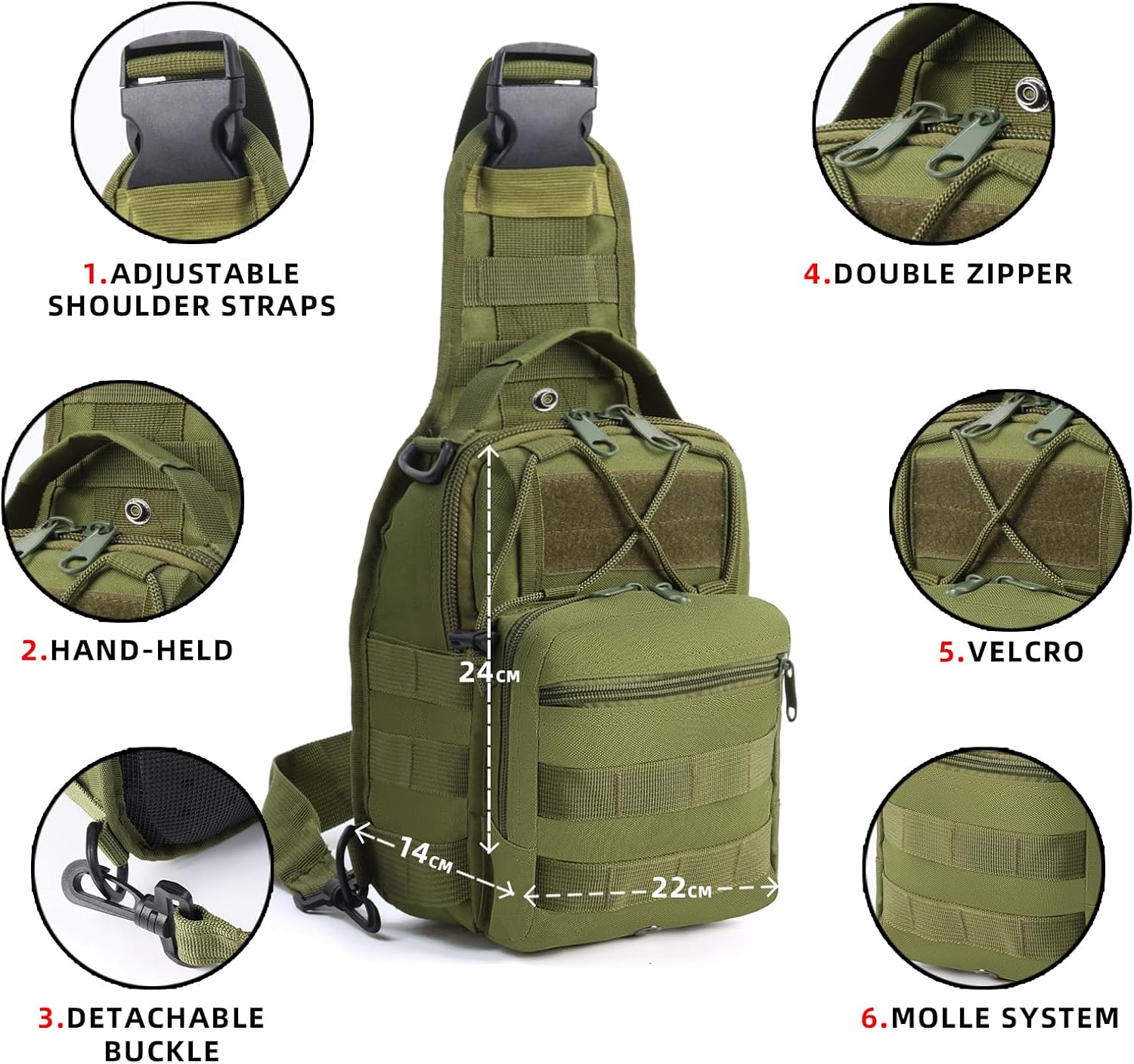 J.SH Tactical Sling Bag 4-in-1 Tactical Backpack Men's Military Crossbody Bag Features Hidden Storage Pockets EDC Backpack for Hiking, Cycling, and Running - Green - Image 2