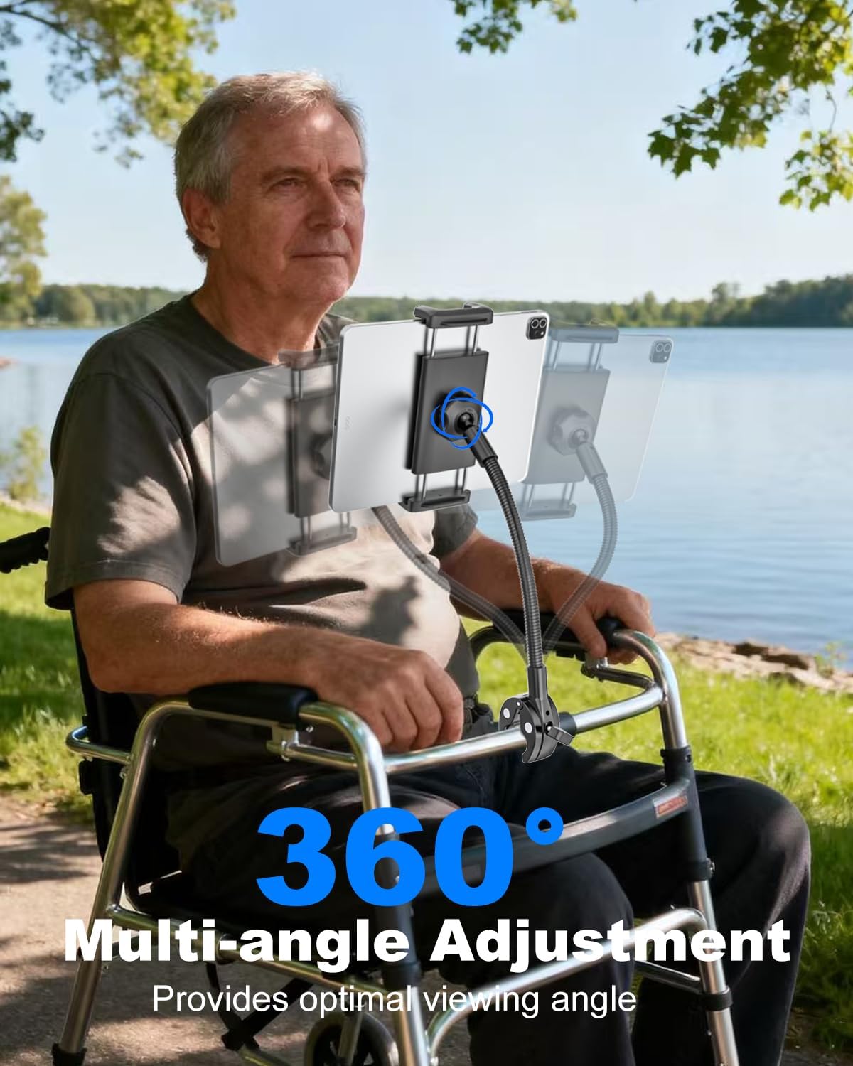 Walker Tablet Holder, Long Gooseneck Tablet Mount Clamp for Rollator Walker, Rolling Walker, Lightweight Walkers, Walkers for Seniors, Fit for iPad Pro Air Mini, iPhone, 4-13" Devices