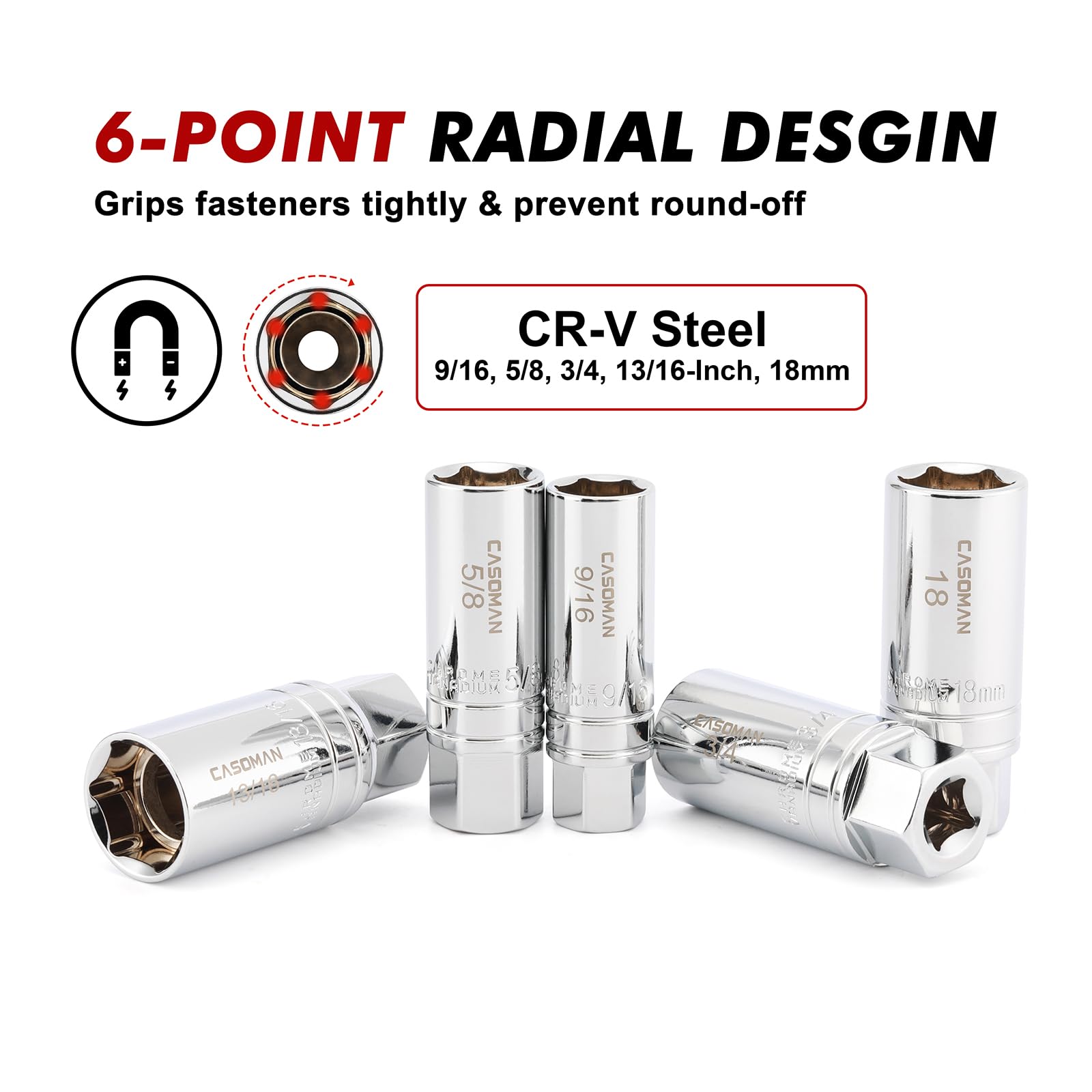 CASOMAN Lot De 10 Douilles Magnétiques Pour Bougie D'allumage 3/8", 6PT&12PT, Avec Barre D'extension, Joint Non Viersal Et écarteur De Bougie, Acier CR-V