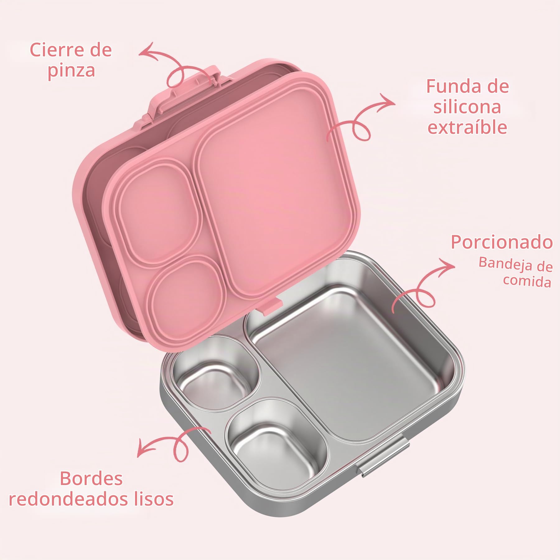 VITONIS Fiambrera de acero inoxidable para niños, fiambrera con 3 compartimentos A prueba de fugas, apta para lavavajillas, Adecuado para campus, picnic (rosa)