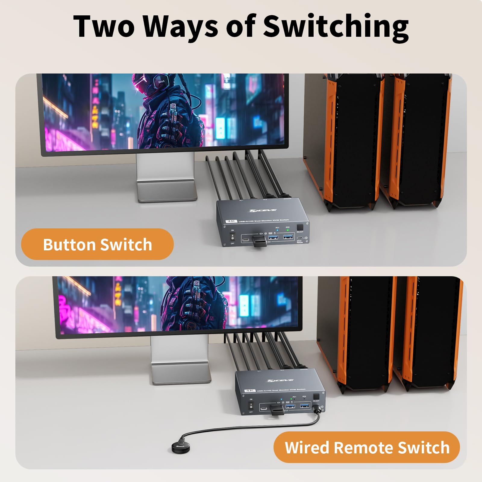 Przełącznik KVM 4K 60Hz USBC HDMI KVM 2 PC 2 monitory do 1 laptopa i 1 komputera stacjonarnego, podwójny monitor KVM przełącznik z 4 portami USB 3.0, ładowanie 73 W PD, z pilotem zdalnego sterowania
