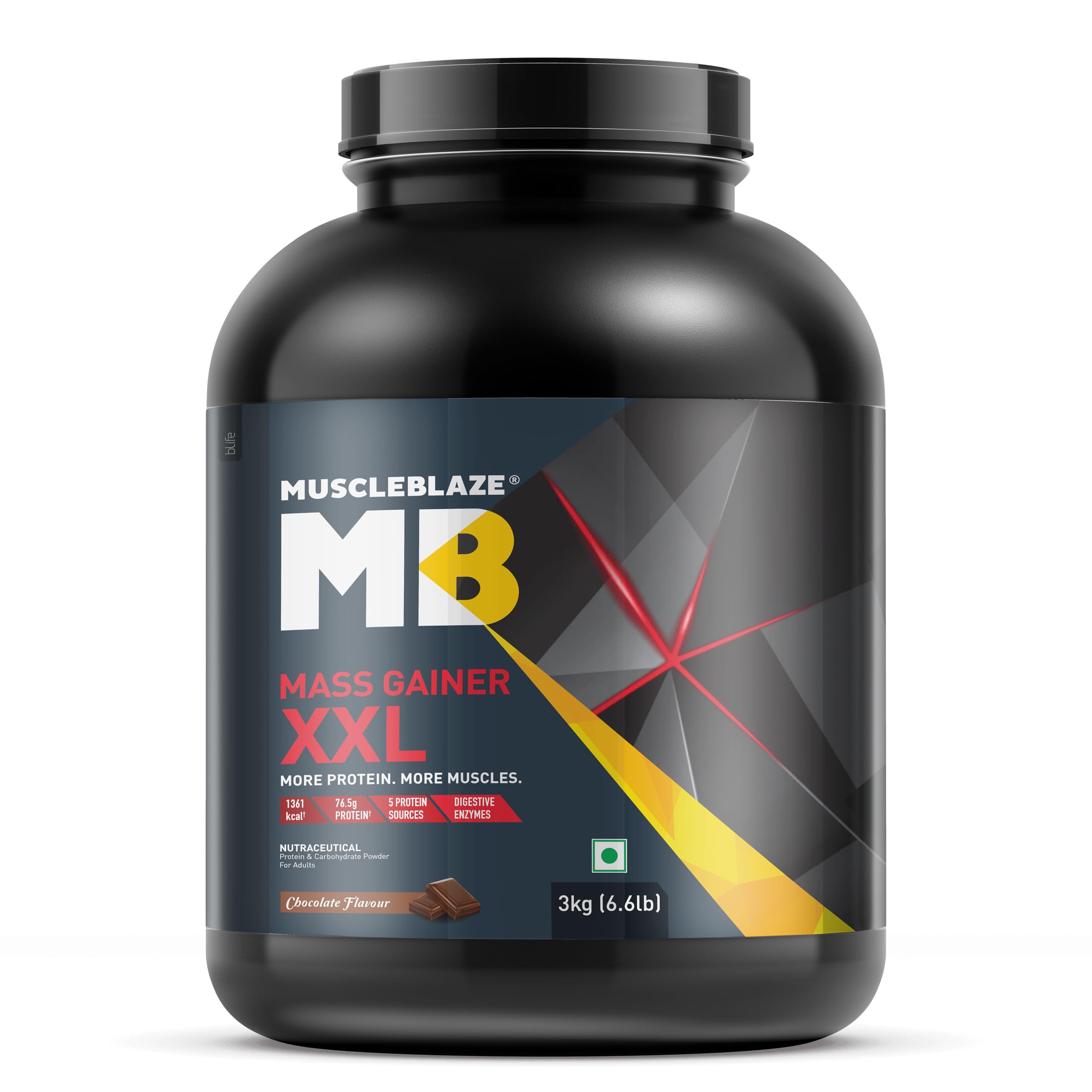 MuscleBlaze Mass Gainer XXL Powder, Chocolate (30 Servings, 3kg / 6.6lbs) | 18g Protein, 70g Carbs Per Scoop | High Protein with Complex Carbs & Digestive Enzymes