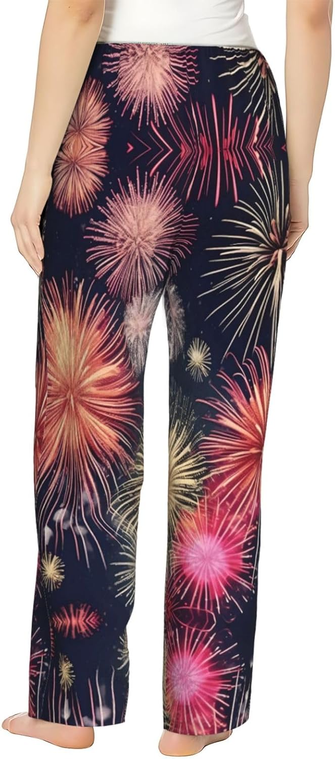 Beautiful Firework Print Cozy Christmas Pajama Pants,Flannel Pajama Bottoms,Cater To Various Body Types