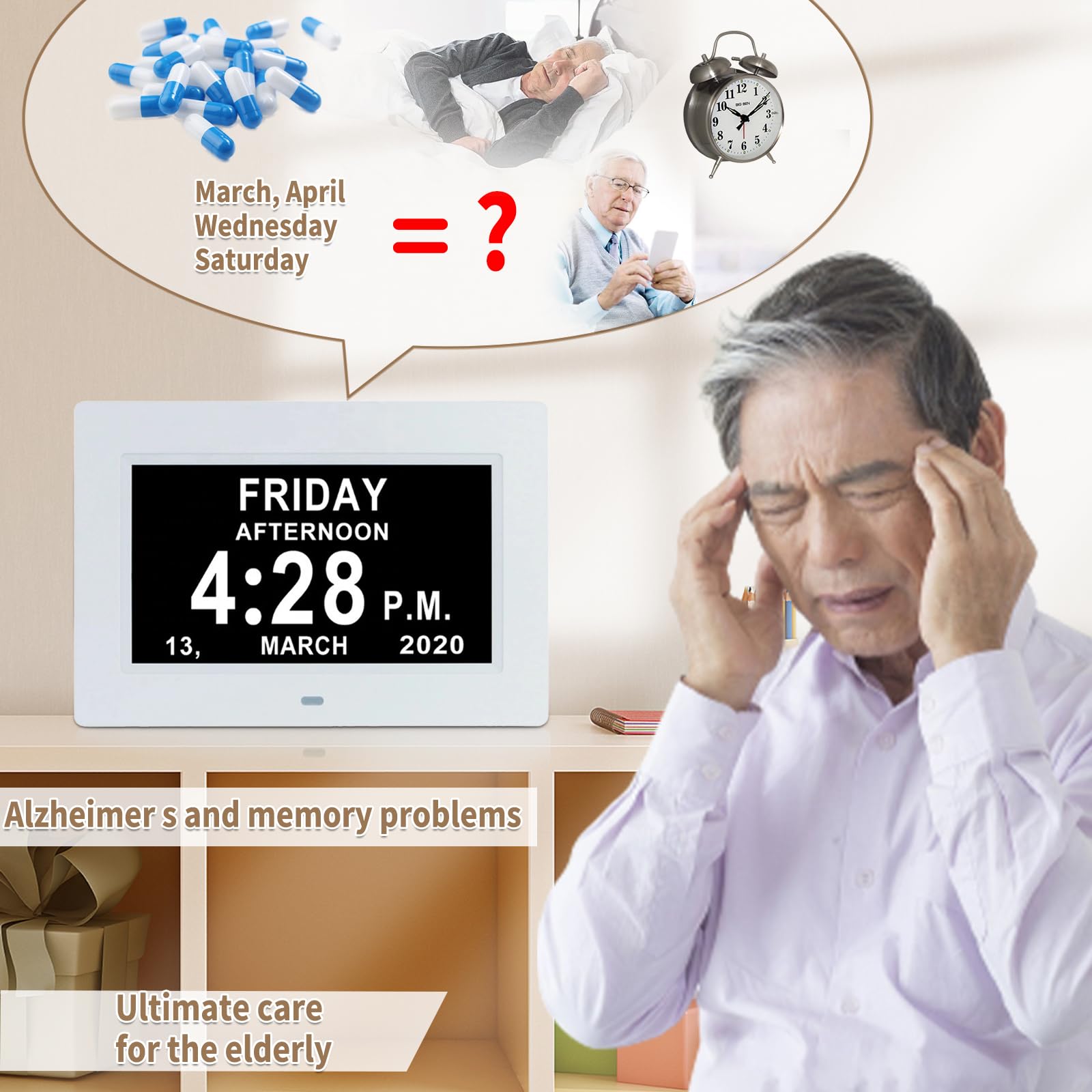 VHV 7 pulgadas LCD reloj digital calendario con fecha día y hora reloj no abetado auto atenuación 8 idiomas HD pantalla recordatorio para Alzheimer ancianos y niños (Negro)